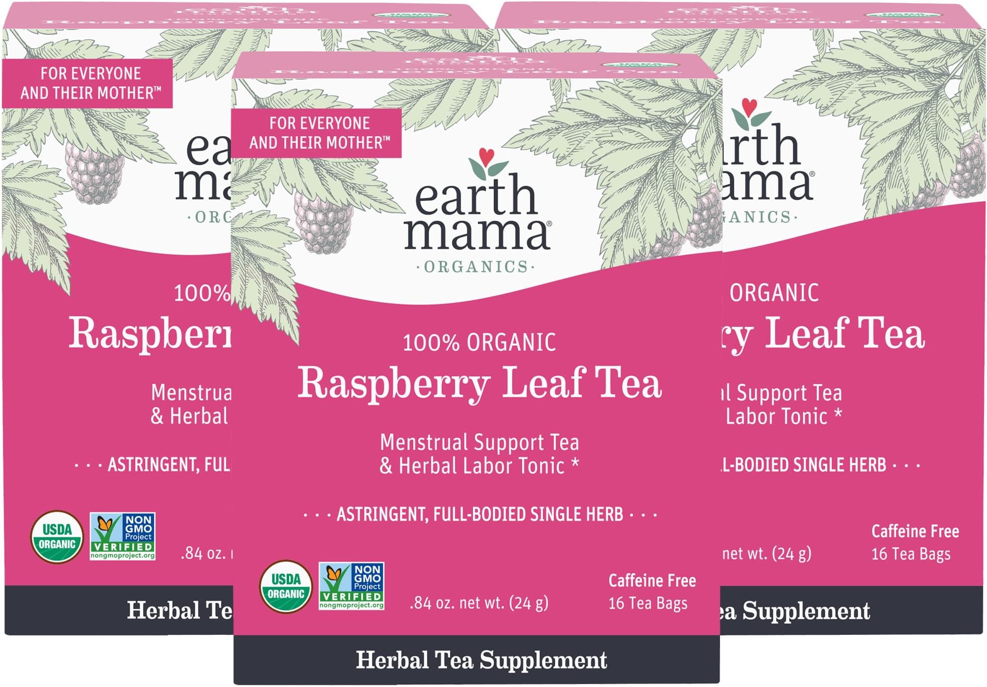 Earth Mama Organic Raspberry Leaf Tea Bags for Labor Tonic and Menstrual Support, 16-Count (3-Pack)