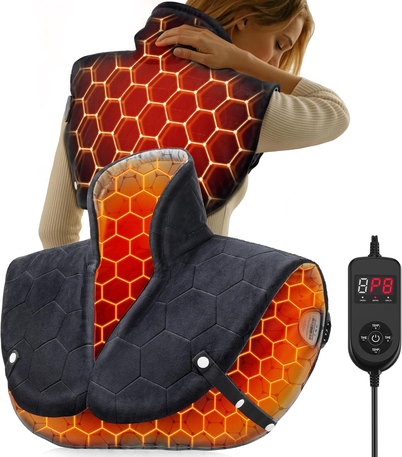 Heating Pad for Neck and Shoulders and Back, 30s Fast Heating Pads for Pain Relief,160℉ Ergonomic Heated Wrap with 8 Temp & 16 Auto-Off Timers, Gifts for Women Men (Dark Black)