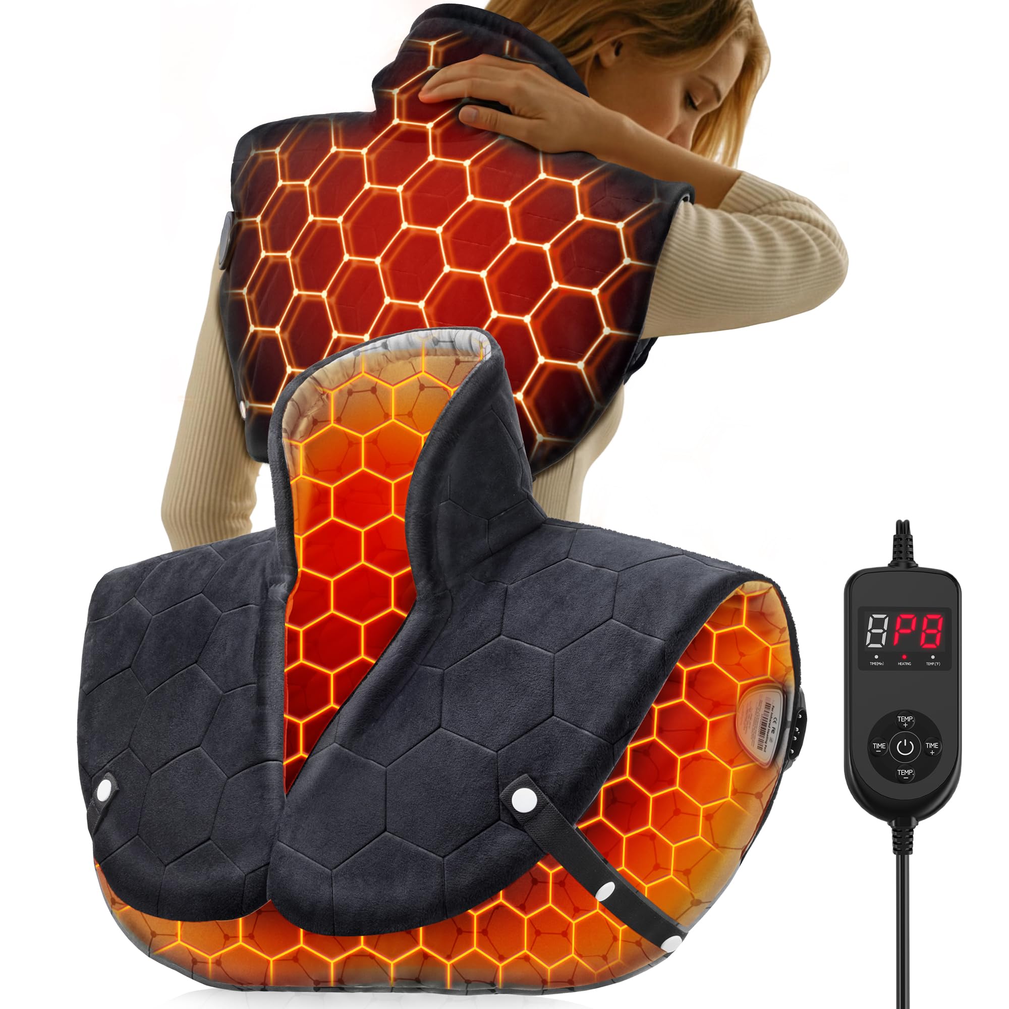 Heating Pad for Neck and Shoulders and Back, 30s Fast Heating Pads for Pain Relief,160℉ Ergonomic Heated Wrap with 8 Temp & 16 Auto-Off Timers, Gifts