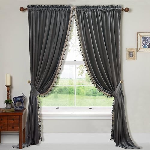 StangH Cortinas de terciopelo gris Juego de 2 paneles de cortinas de lujo con pompones para sala de estar, cortinas bohemias para oscurecer la