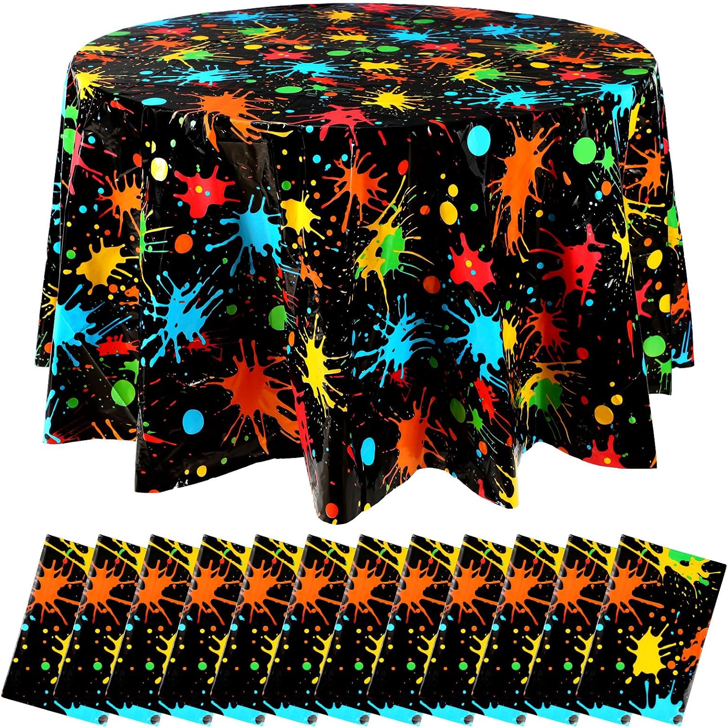 Tioncy 12 Pack Glow Party Table Covers Neon Round Tablecloths 84 × 84 Inch Disposable Plastic Paint Splatter Birthday Party Table Cloth for Glow in The Dark Black Light Supplies