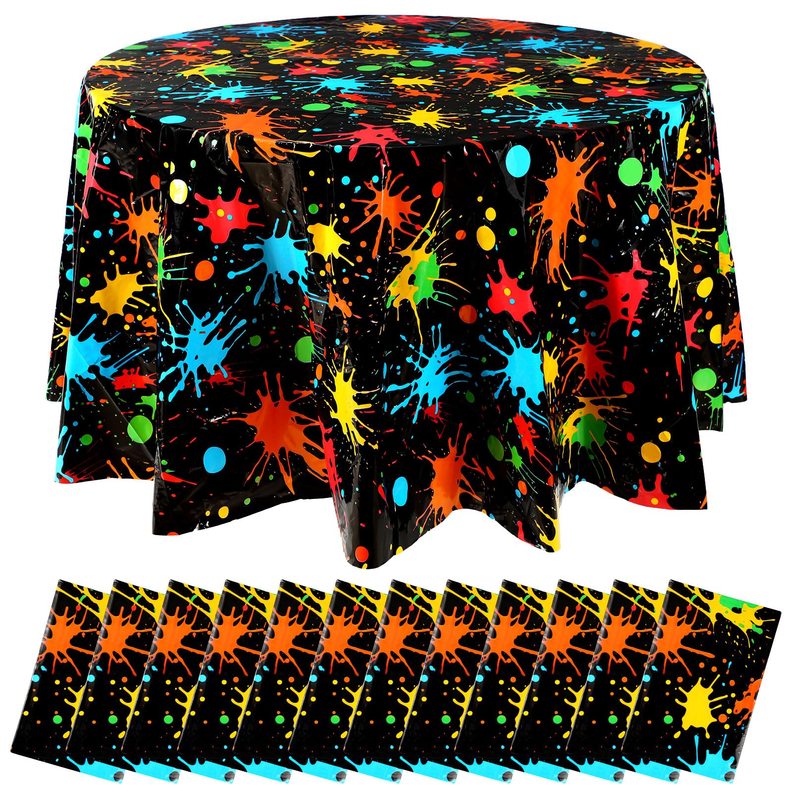 Tioncy 12 Pack Glow Party Table Covers Neon Round Tablecloths 84 × 84 Inch Disposable Plastic Paint Splatter Birthday Party Table Cloth for Glow in