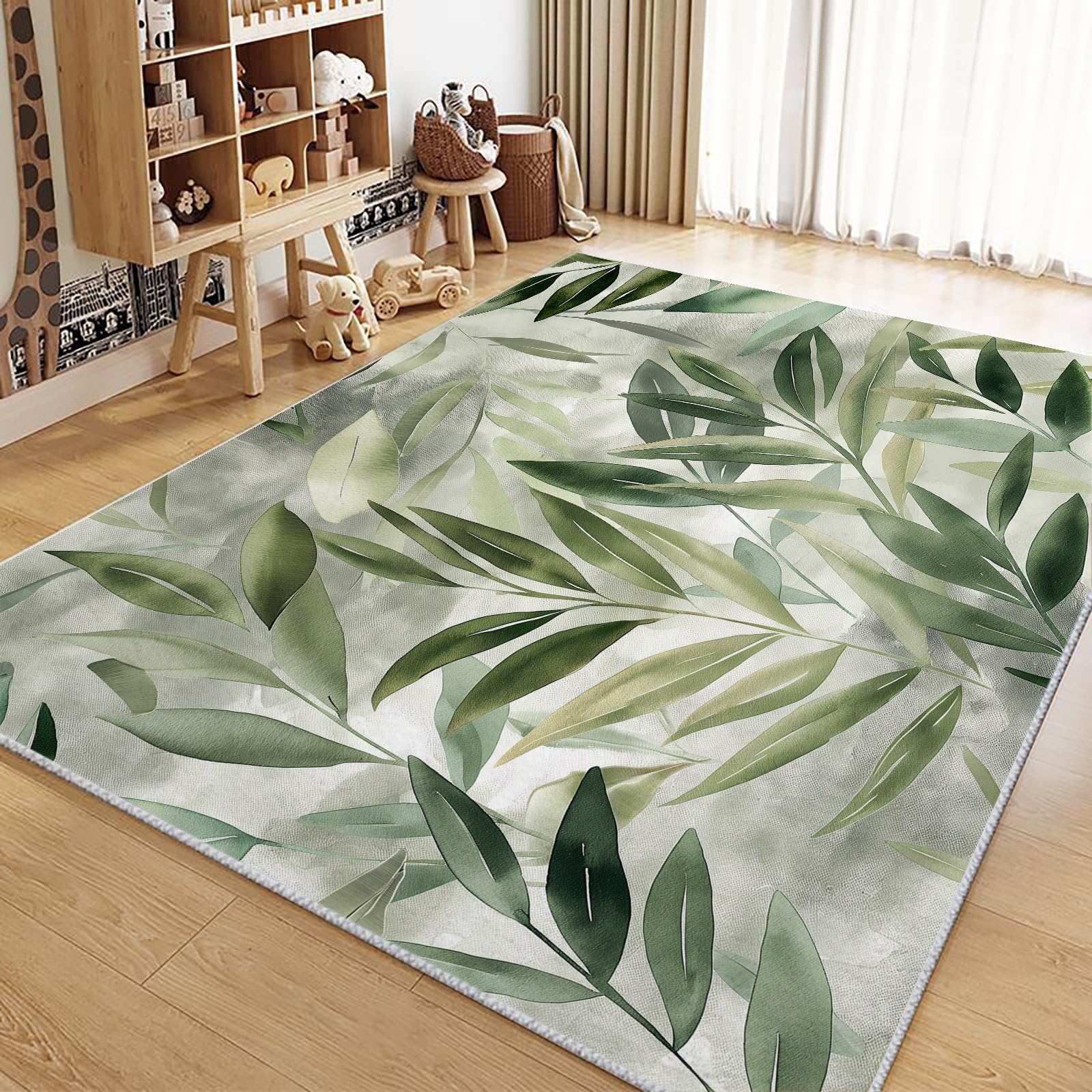 Generico Tappeto Salotto Moderno 120x180cm Giungla Foglie Verde Salvia Tappeti Camera da Letto Lavabile, Tappeto Soggiorno Pelo Corto Moderni Morbido Antiscivolo Tappeto Decor Interno
