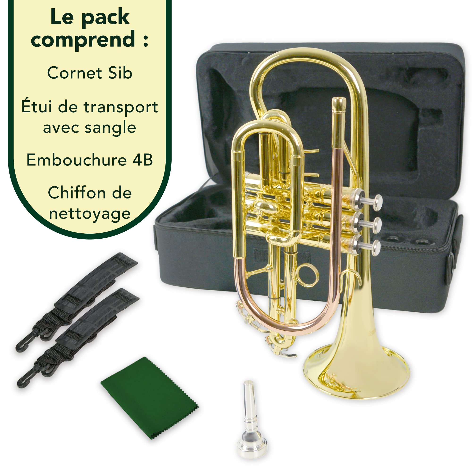Montreux Student Sib Cornet pour débutants avec étui de protection léger, embouchure - Laiton laqué, pavillon 4,75 pouces / 12 cm, si bémol