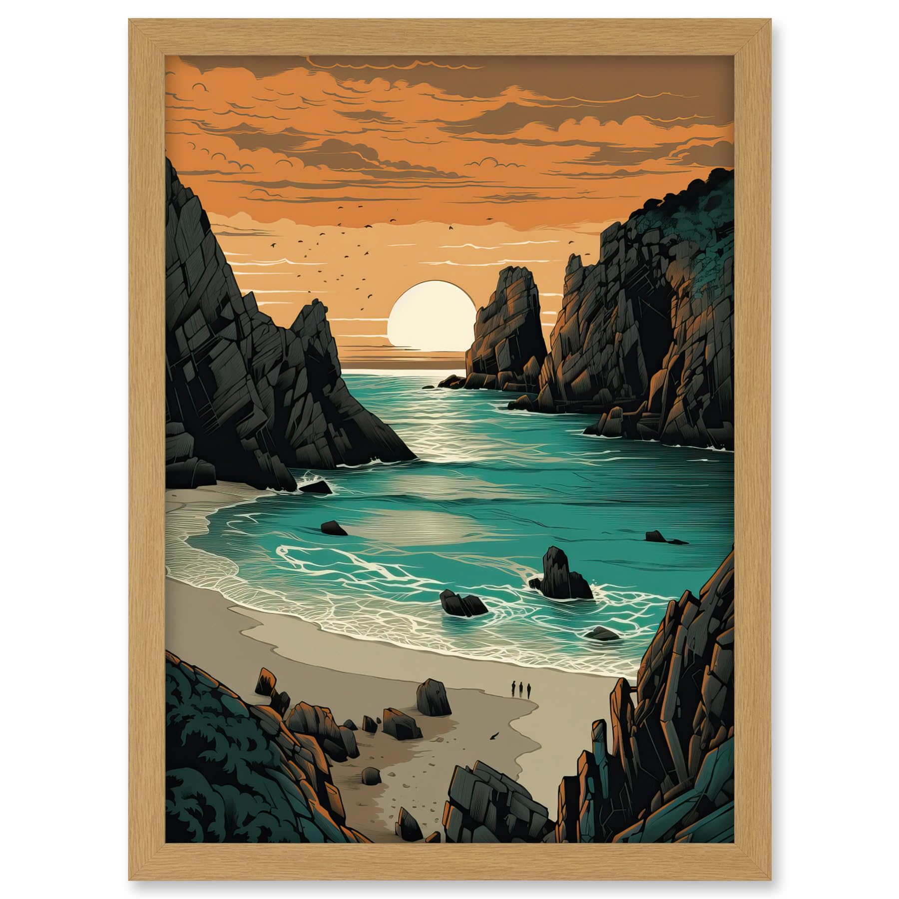 Artery8 Porthcurno Beach Sunrise Coastal Landscape Artwork Framed A3 Wall Art Print