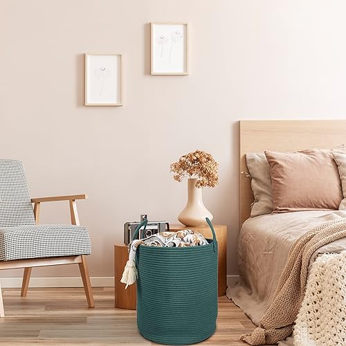 Miniatura 5 de Cesta de cuerda de algodón para ropa sucia, cesta de almacenamiento tejida para sala de estar, dormitorio, cesta de cuerda alta bohemia para manta,