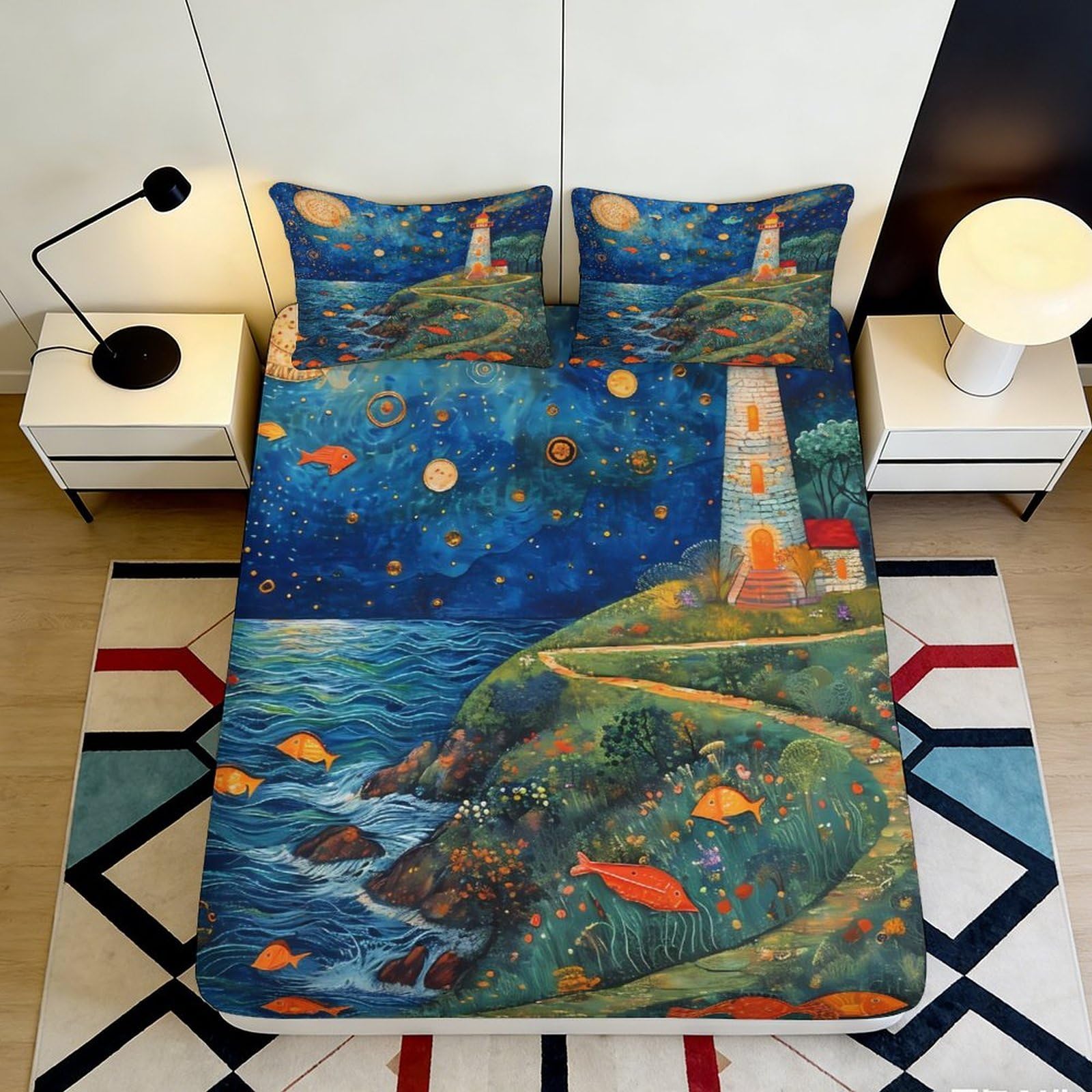 3D Printed Starry Night Lighthouse Fitted Sheet Microfiber Soft Mattress Cover Artistic Bedding for Bedroom Dorm Decor 200x200x25cm