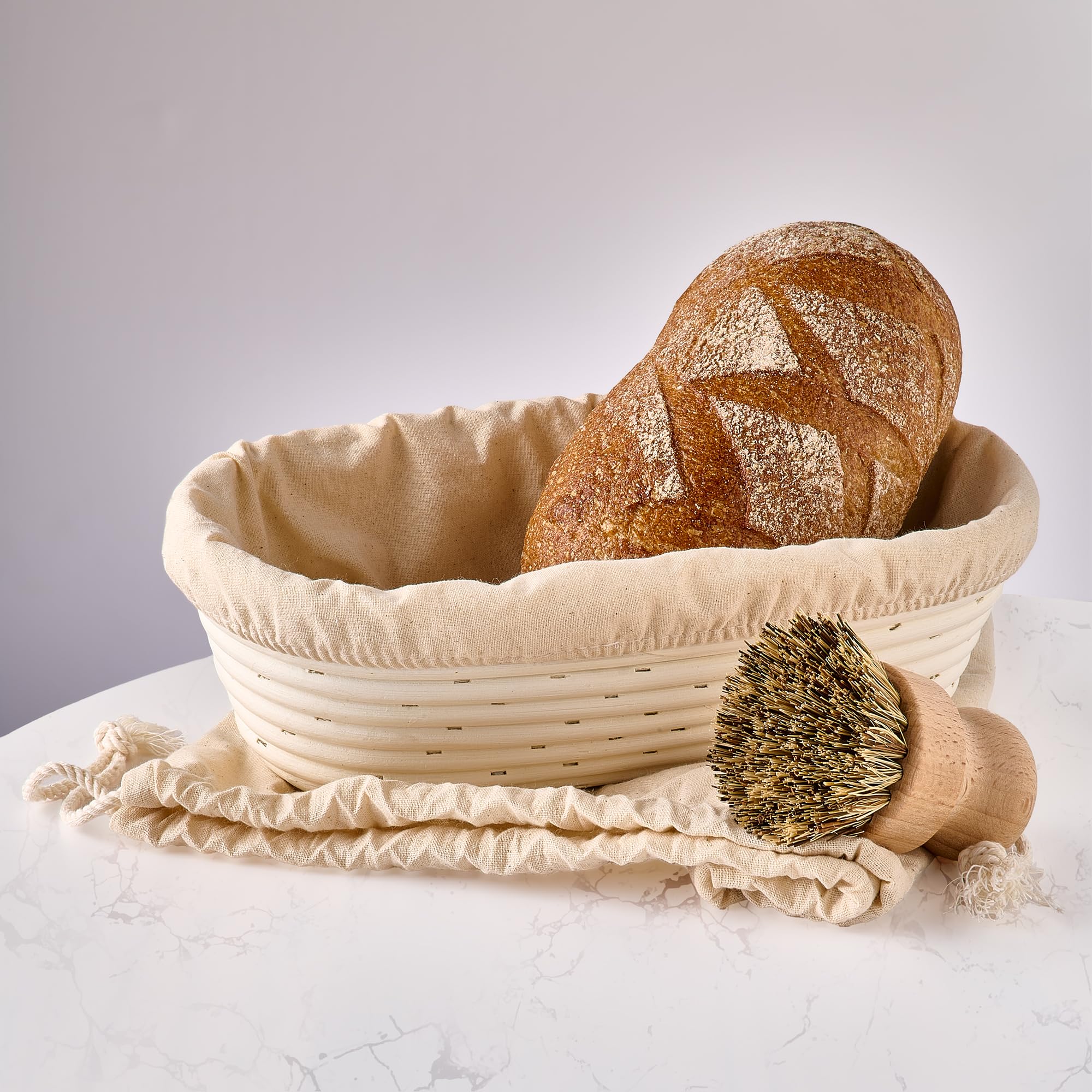 Koszyczek do Fermentacji Chleba - Owalny - Z Wytrzymałego Ratana - 28 cm - Zestaw z Szczoteczką, Materiałem lnianym i Workiem na Chleb