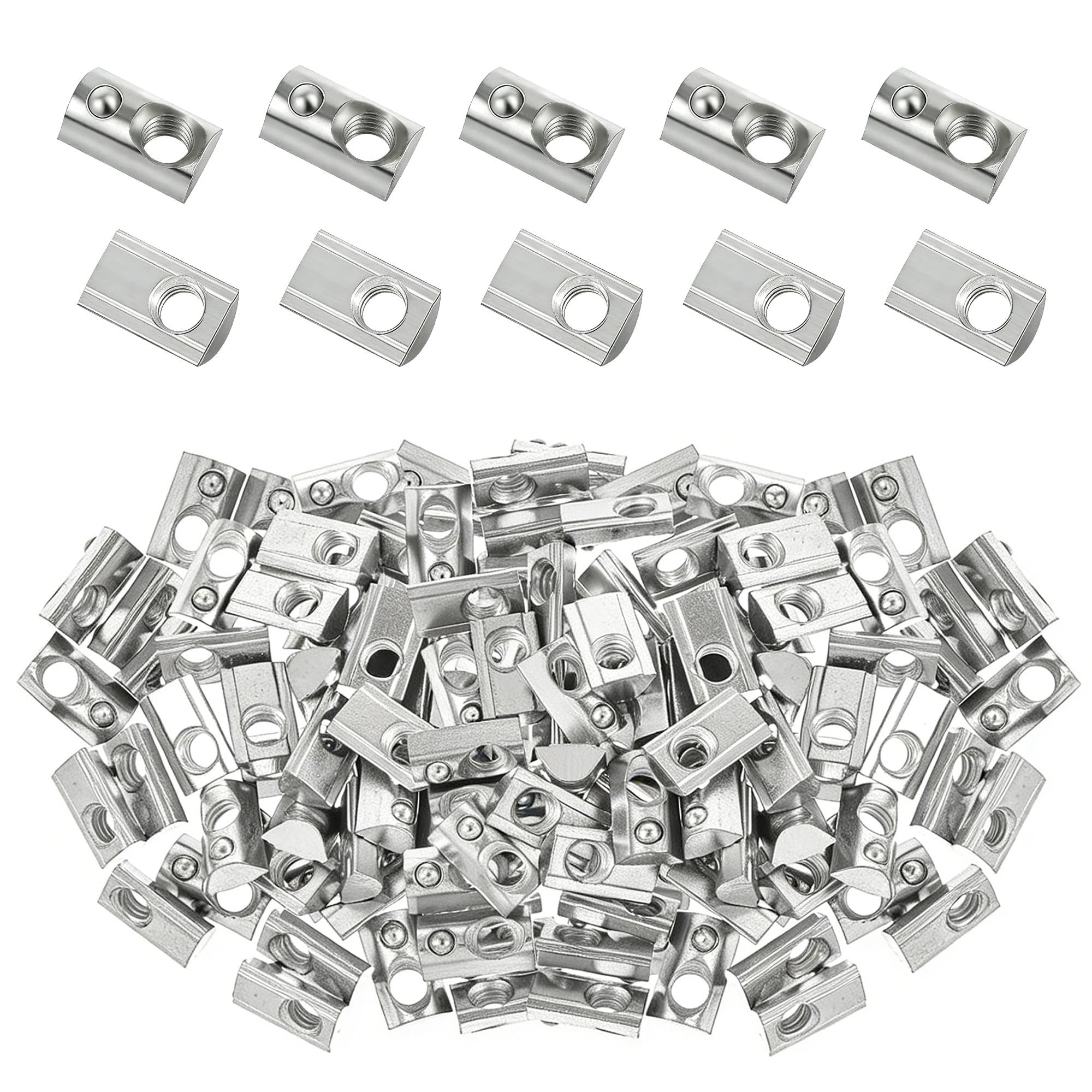 100 Pack M6 T Nuts for 2020 Series Aluminum Extrusion, Roll in Spring Loaded T Slot Nut, Carbon Steel Nickel Plated Hardware for 3D Printer, CNC Router & Industrial Frame