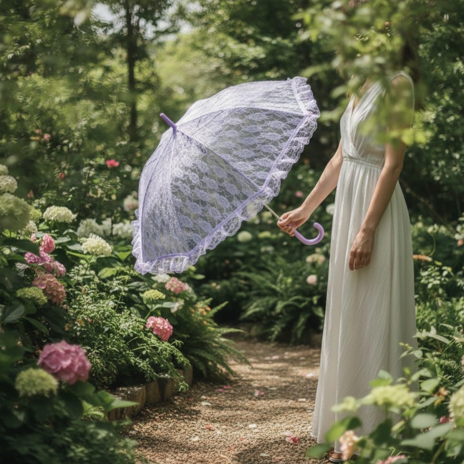 Sombrillncaje Floral con BOR Clásico Sombrilla Manual Encaje con Asa Gancho Versátil Mango Largo para Novias, Púrpura