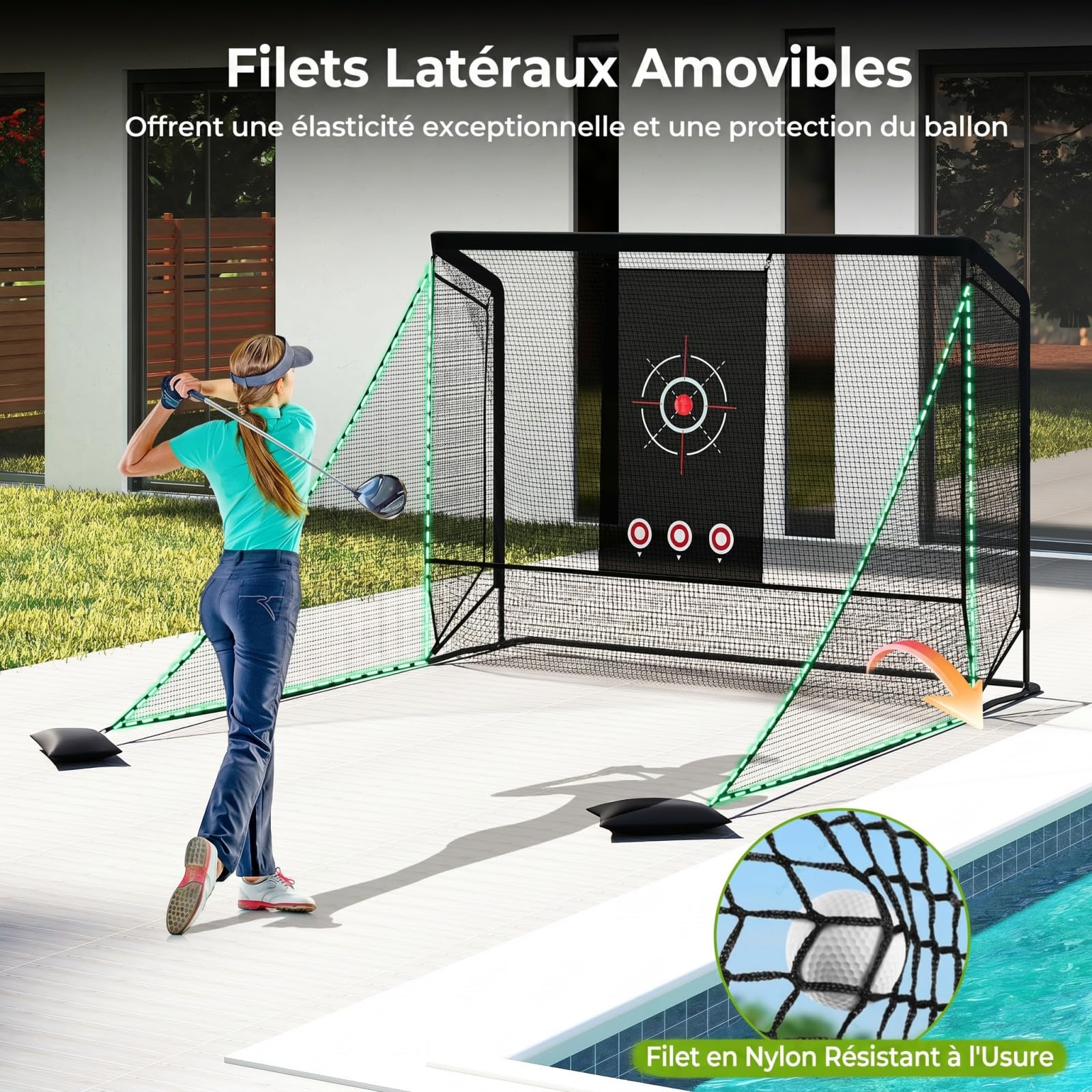 COSTWAY Filet d'Entraînement de Golf avec Cible, Filet de Frappe Golf Portable avec Barrières Latérales Amovibles, Sacs de Sable, Sac de Transport pour Intérieur et Extérieur