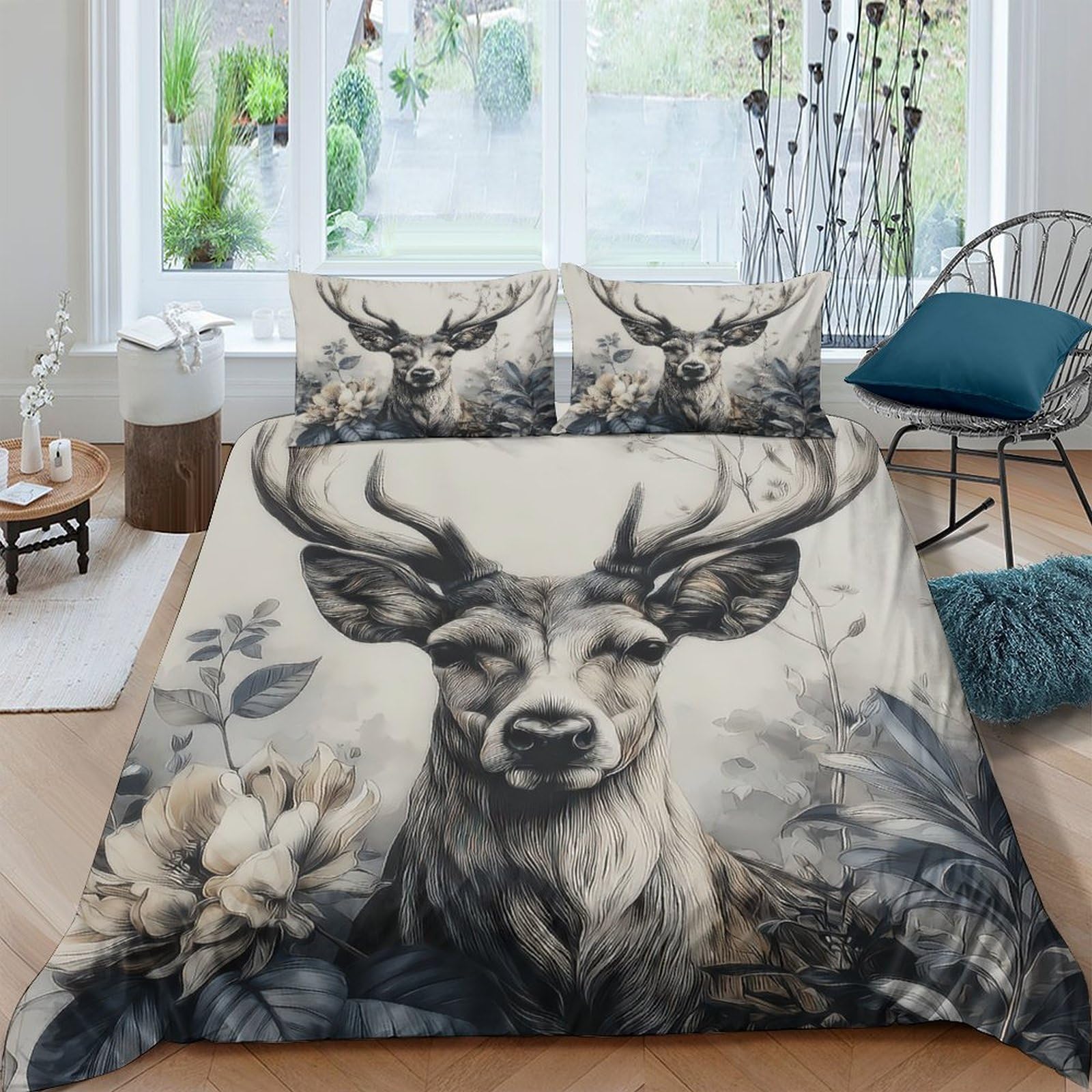 GPLZQXKJNH 3D Printed Deer Forest Duvet Cover Set Microfiber Soft Breathable Antler Nature Bedding Set with 2 Pillowcases for Bedroom Decor, Single（135x200cm）