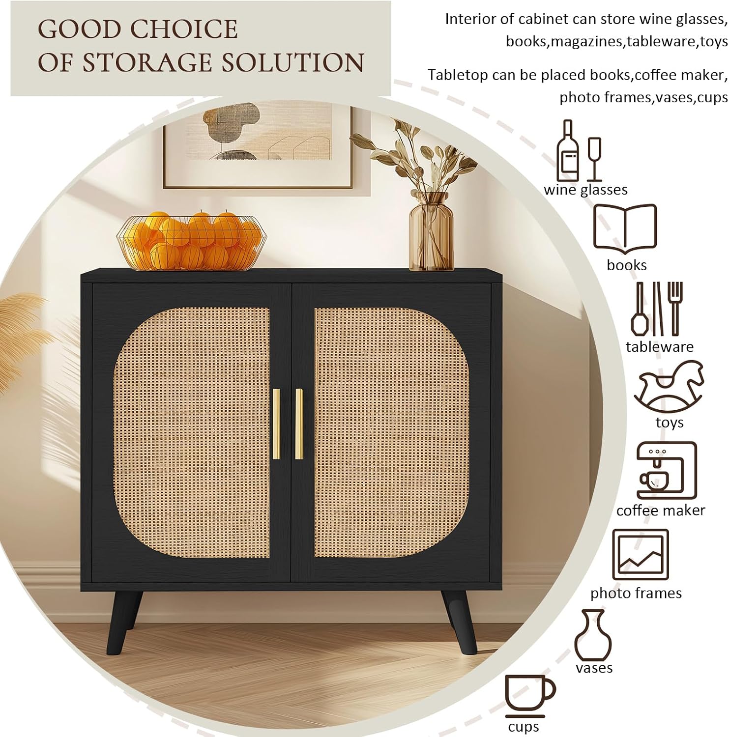 Rattan Buffet Cabinet with 2 Doors & 4 Compartments, Boho Sideboard with Adjustable Shelves & Solid Wood Legs, Accent Storage Cabinet for Living Room, Kitchen, Entryway, Hallway, Black, 2 PC