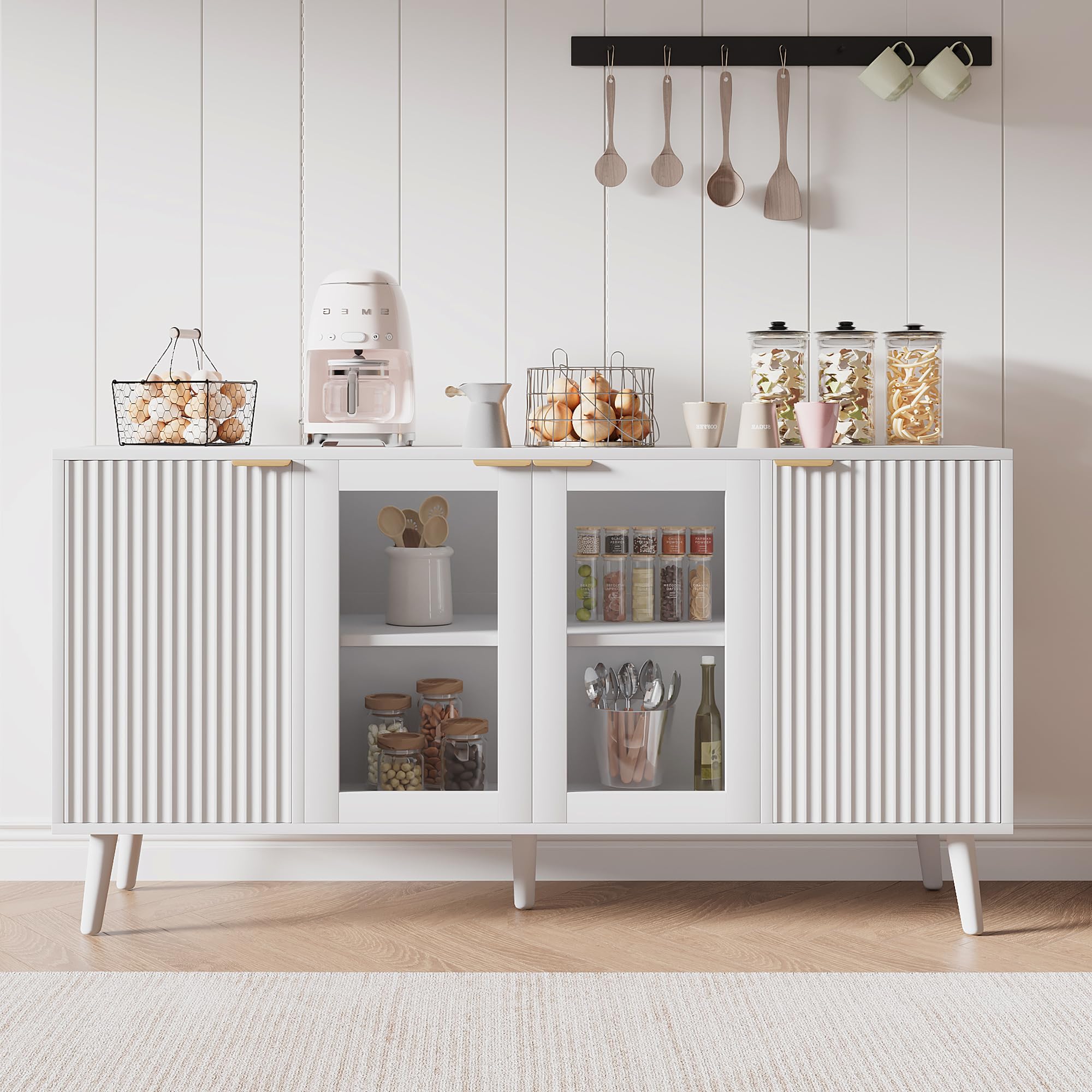 Sideboard Buffet Cabinet with Storage 55" Fluted Sideboard Cabinet with 4 Door Modern Accent Credenza Cabinet Buffet Table for Dining Room, Living Room, Kitchen, Hallway, White