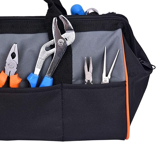 Miniatura 6 de MEIJIA Bolsa de herramientas portátil de boca ancha abierta con múltiples compartimentos, resistente con parte inferior de tablero de polietileno