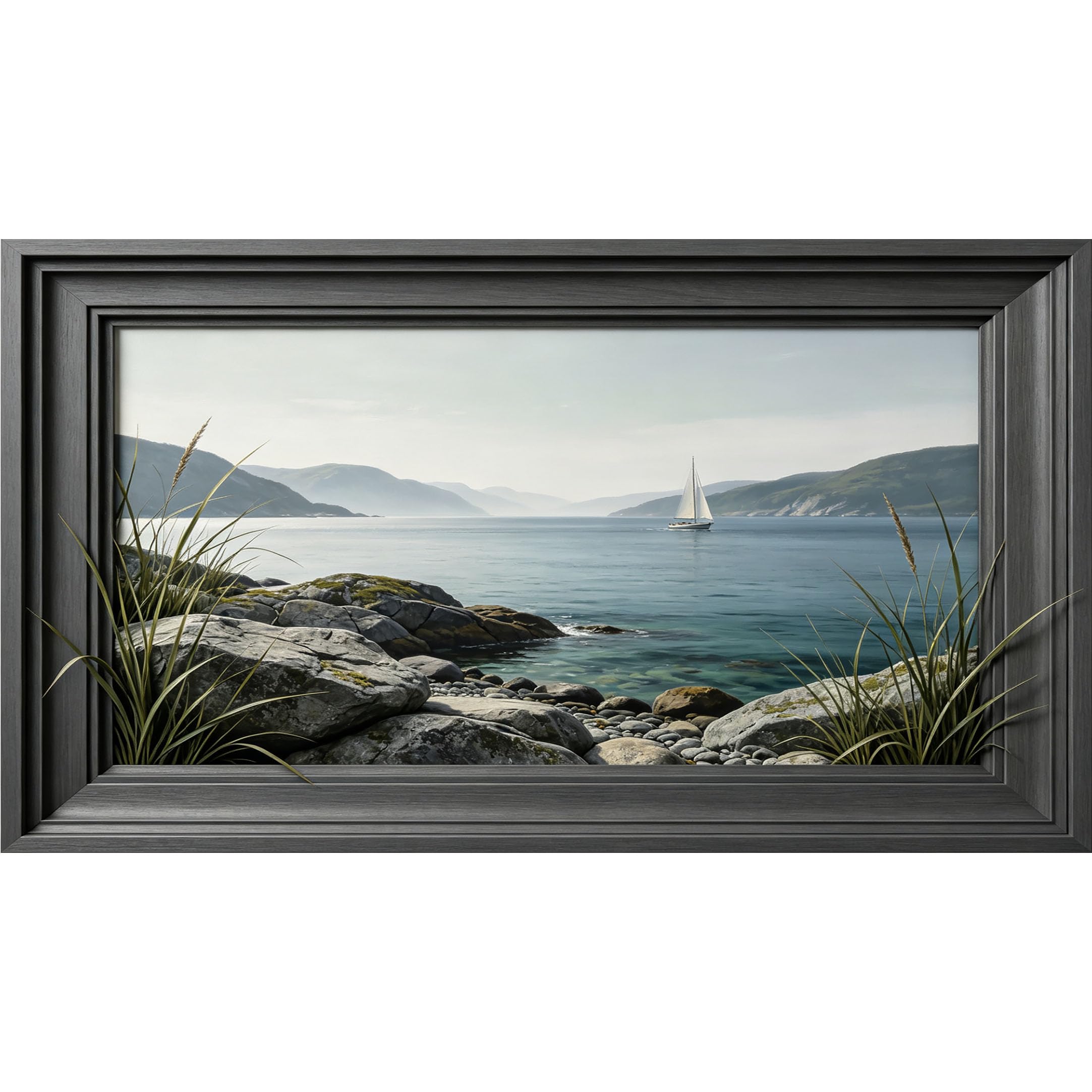 QZLITHOTIC 50×100cm 3D Framed Wall Art， Coastal Ocean Sailboat Landscape Self?Adhesive Mural， Water?Activated Peel & Stick Fabric Decor Wall Decal for Bedroom Living Room