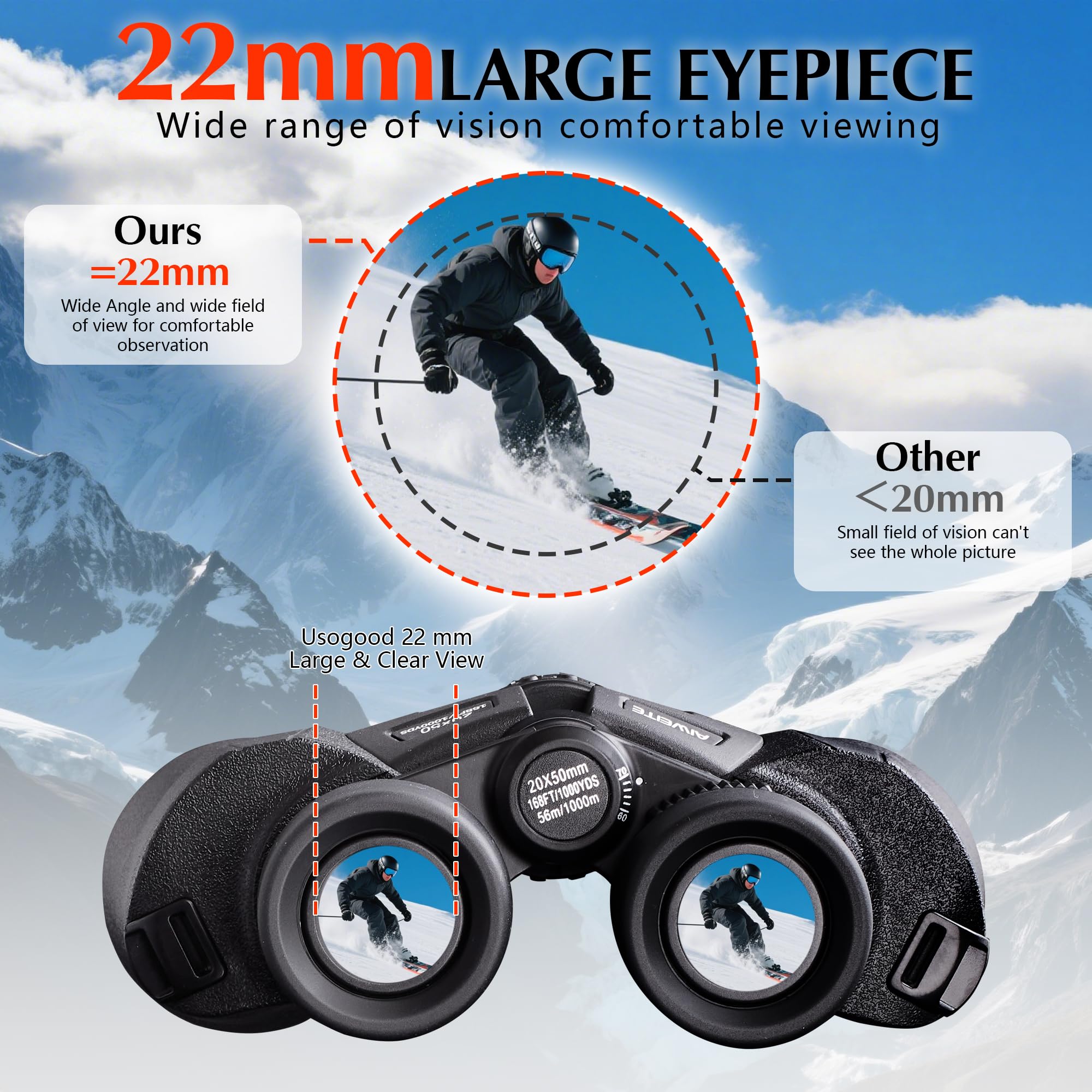 Jumelles 20 x 50 pour adultes haute puissance – Vision nocturne ED BAK4 lentille prisme avec vision claire en faible luminosité – Jumelles légères et faciles à mettre au point pour observer les