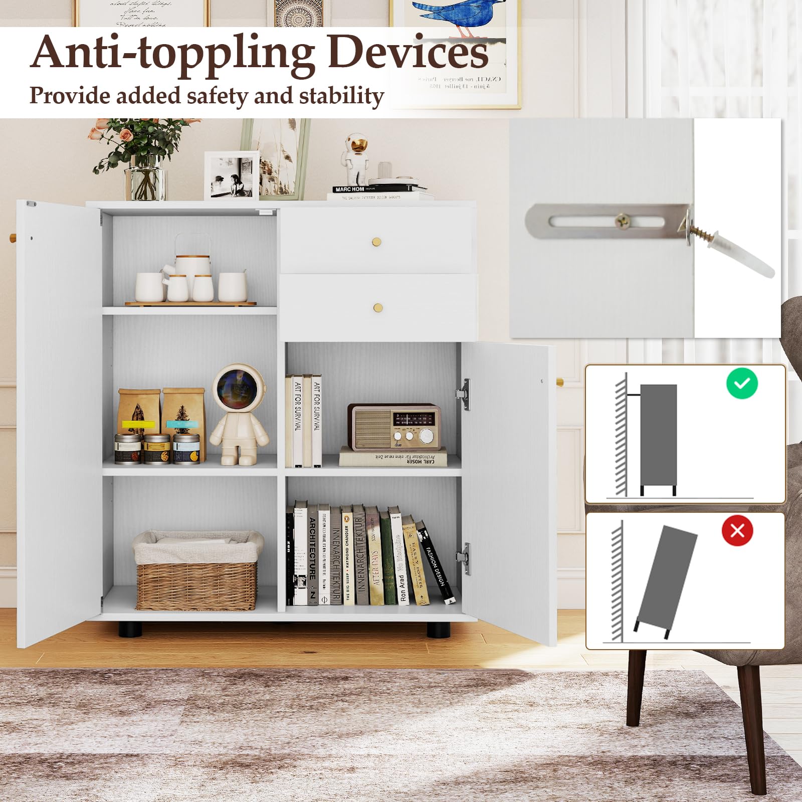 KOMFOTTEU Mobile Dispensa con 2 Cassetti, Credenza da Cucina con 2 Ante, Mobiletto Basso con 3 Ripiani Regolabili, Armadio a Buffet per Sala da Pranzo, Soggiorno, 74x35x85,5 cm(L x P x A) (Bianco)