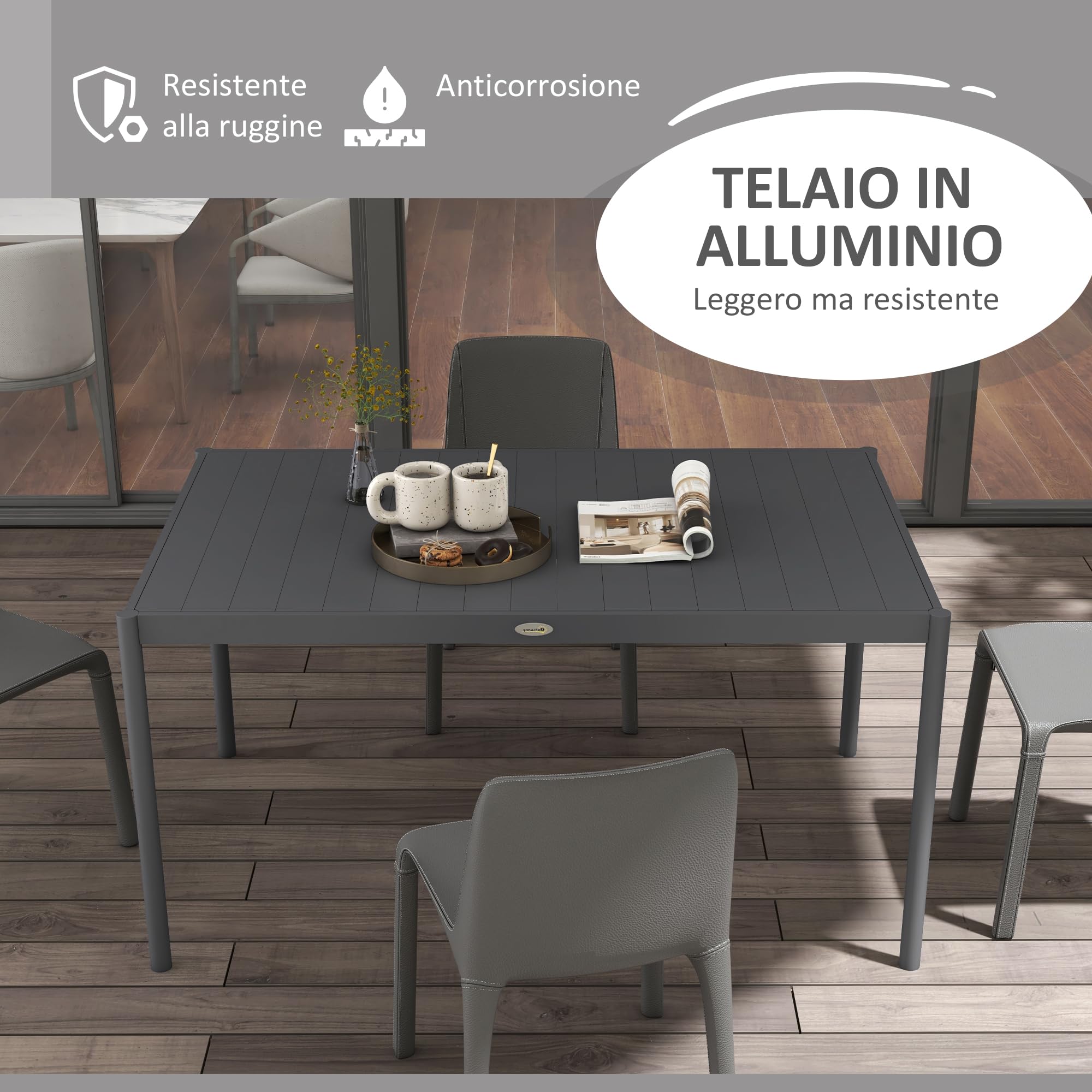 Outsunny Tavolo da Giardino a Doghe da 145x90 cm, Tavola da Pranzo per 6 Persone Rettangolare in Alluminio e Acciaio, Per Patio, Terrazzo, Balcone ed Esterno, Grigio Scuro