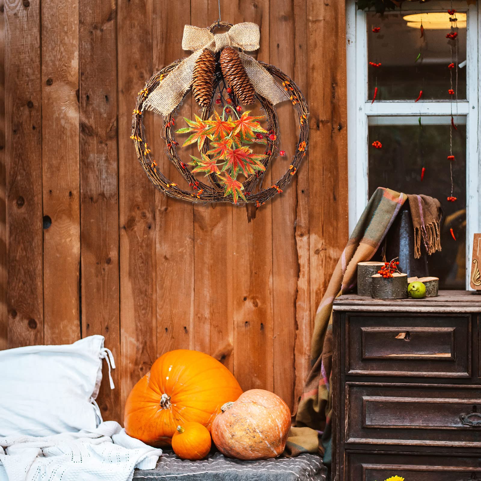 Couronne D'automne Avec Lumières Et Gnome - Décoration De Porte Extérieure, Résistante Aux Intempéries - 11