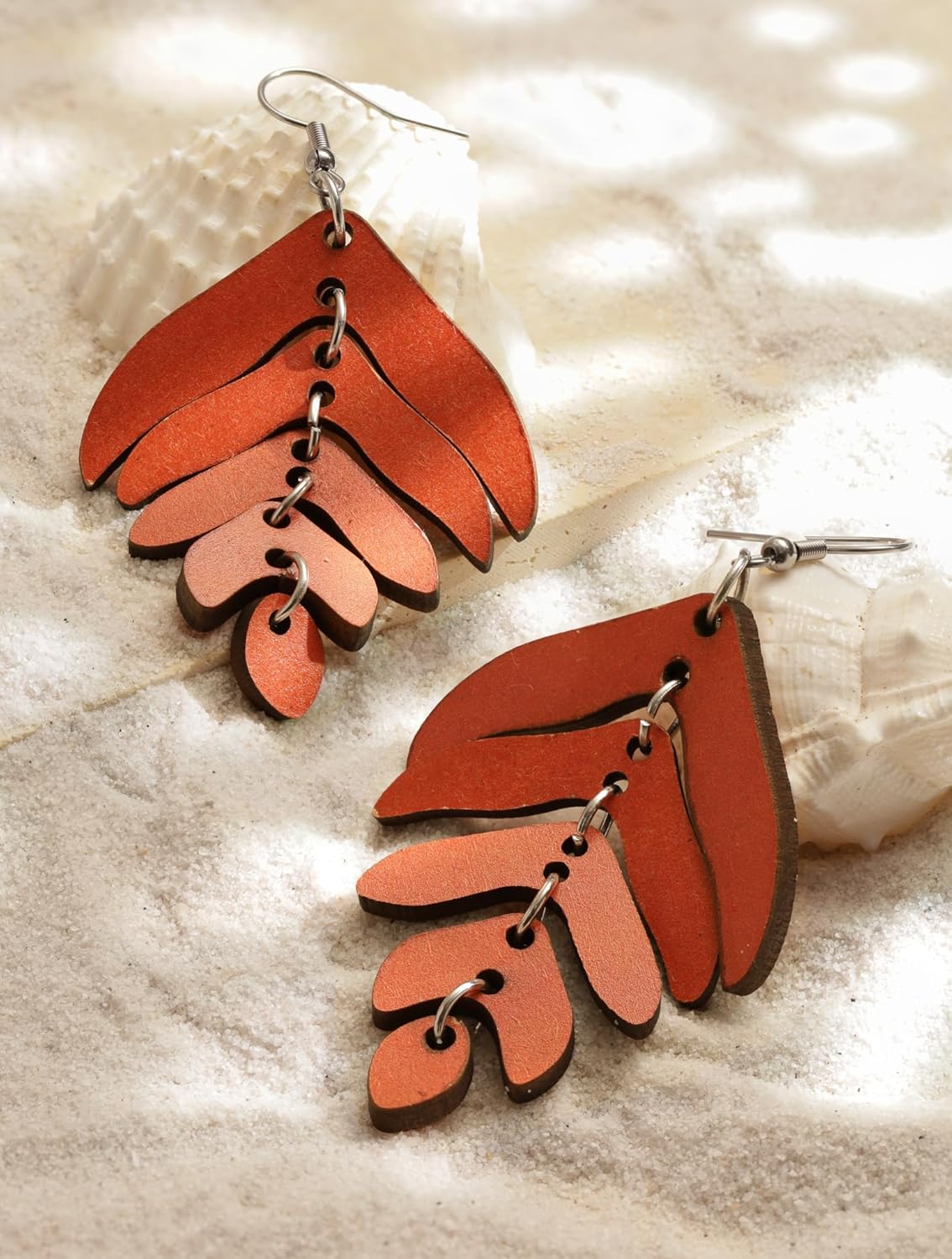 MINACHI Bohemian Chic Red Wooden Layered Leaf Dangle Drop Earrings, Boho Jewelry Gift for Women - Image 3