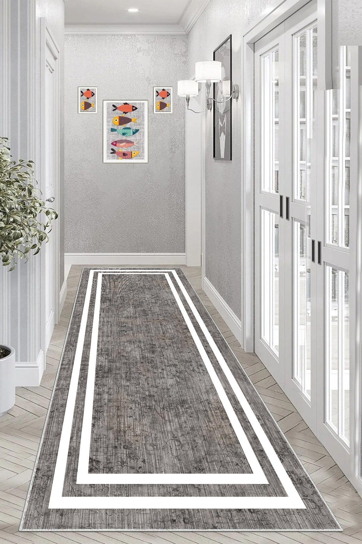Pelangi Gri Zemin Beyaz Çerçeveli Düz Model Dijital Baskı Yıkanabilir Modern Salon Halı ve Yolluk, Gri 80 x 200, 95556270802007