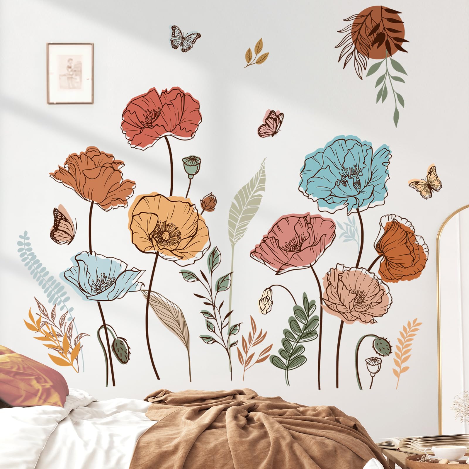 decalmile Large Boho Flower Wall Decals Butterfly Boho Floral Plants Wall Stickers Living Room Bedroom Nursery Wall Decor Gifts for Mom - Image 3