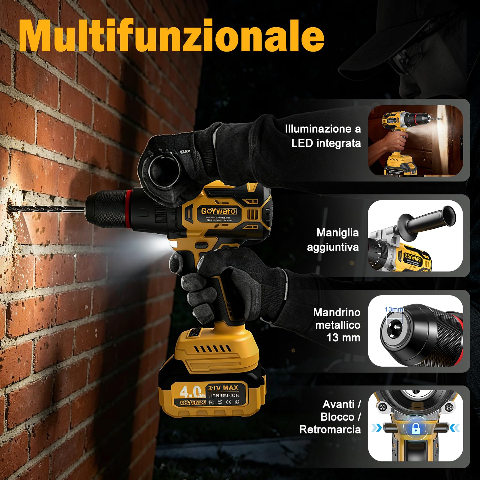 140Nm Trapano Avvitatore a Batteria - 21V 2300rpm Max Brushless Trapano a Percussione con 2 Batterie da 4,0Ah, 20+3 Coppia, 13mm Mandrino, 2 Velocità, per Casa Progetto e Fai Da Te