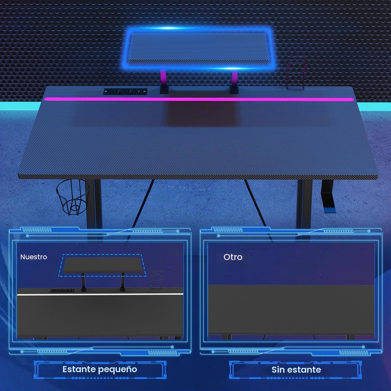 Mesa Gaming LED 100x50 cm, Escritorio Gaming con Tomas de Corriente y Luces LED