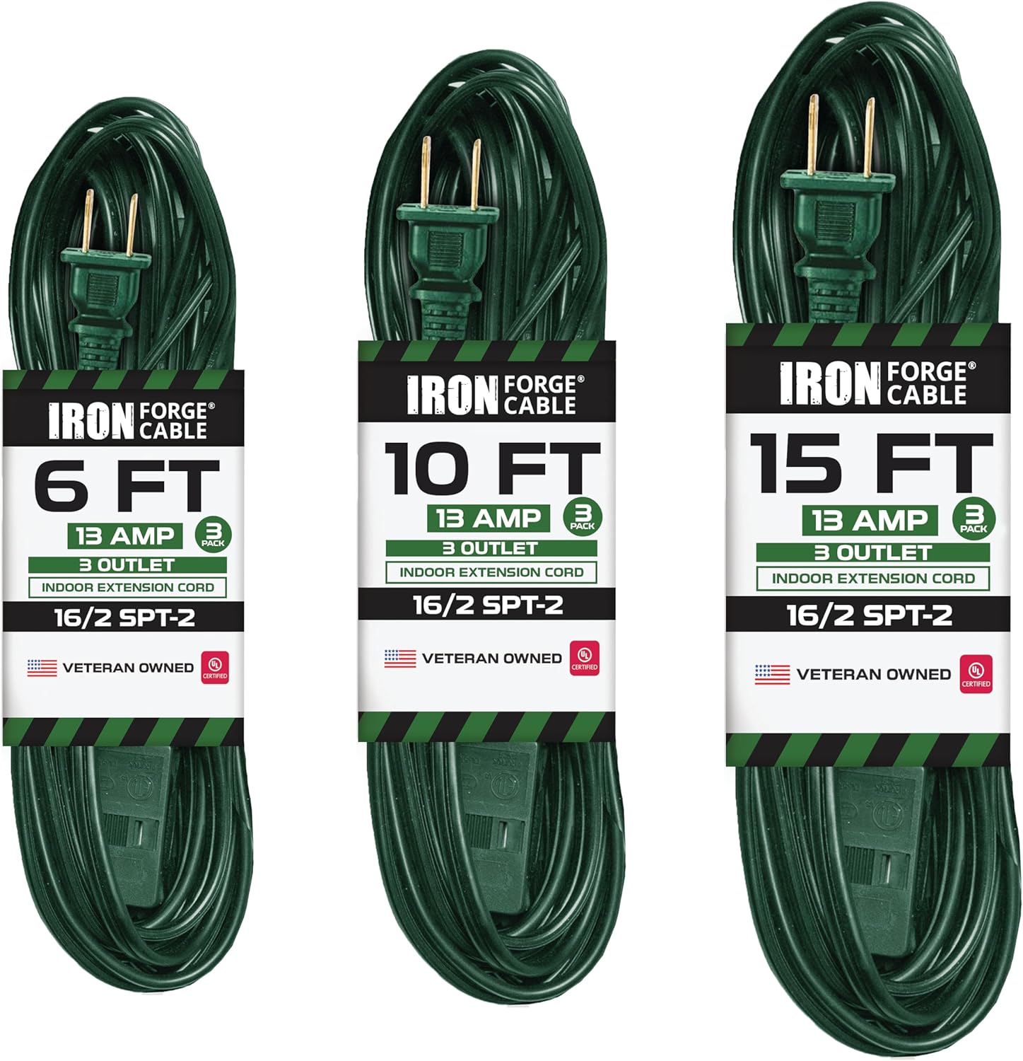 Iron Forge Cable 3 Outlet Green Extension Cord 2 Prong, 3 Pack of 6ft 10ft & 15ft, 16/2 Indoor Extension Cord with Multiple Outlets, 13 AMP 2 Prong for Home, Office, Outdoor Lights