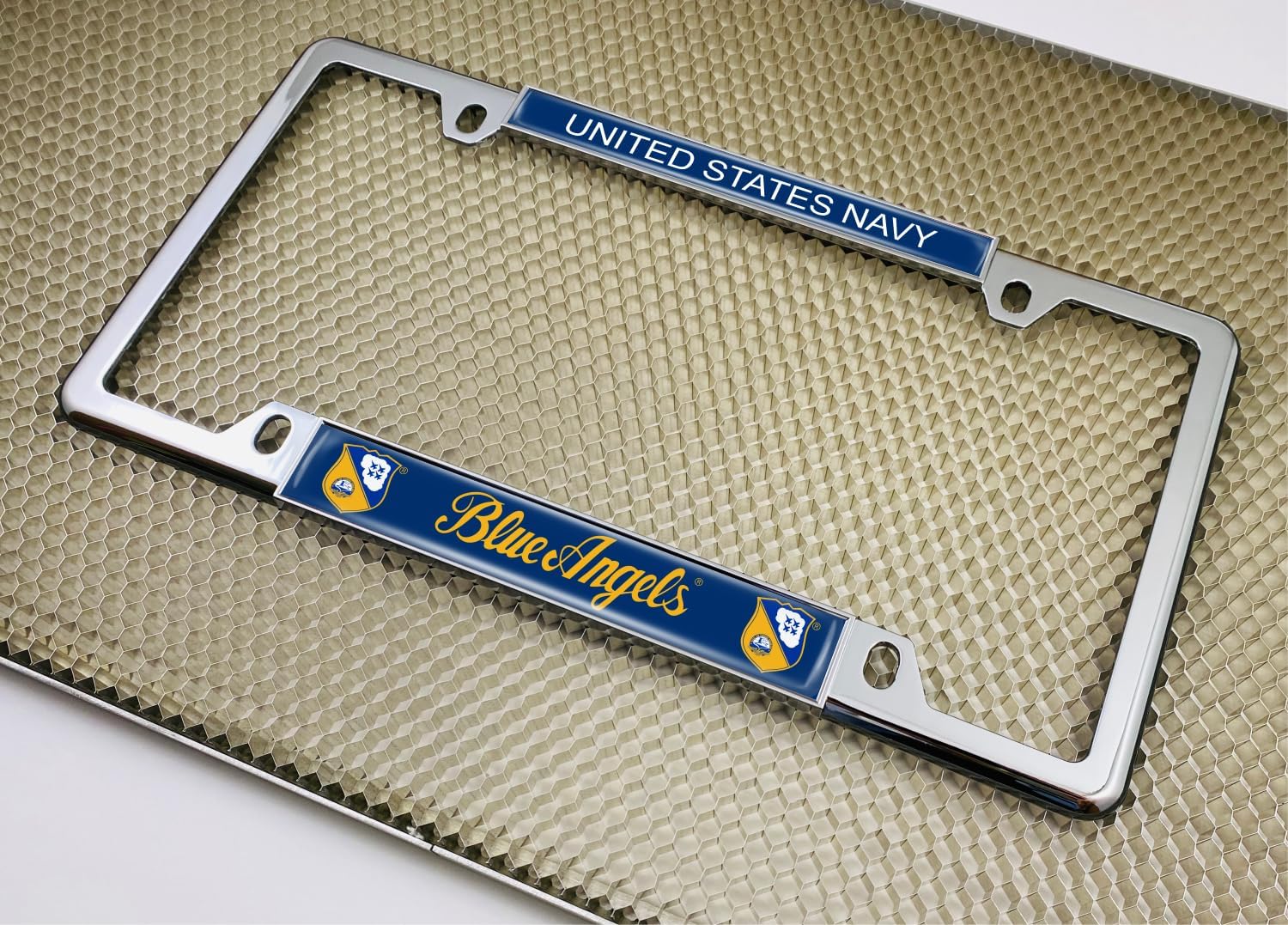 [Officially Licensed Product] - U.S. Navy Blue Angels Flight Demonstration Squadron-Domed Custom-Made Personalized Thin Top 4 Hole Metal Car License Plate Frame with Free caps -Chrome (Qty: 1 Frame)