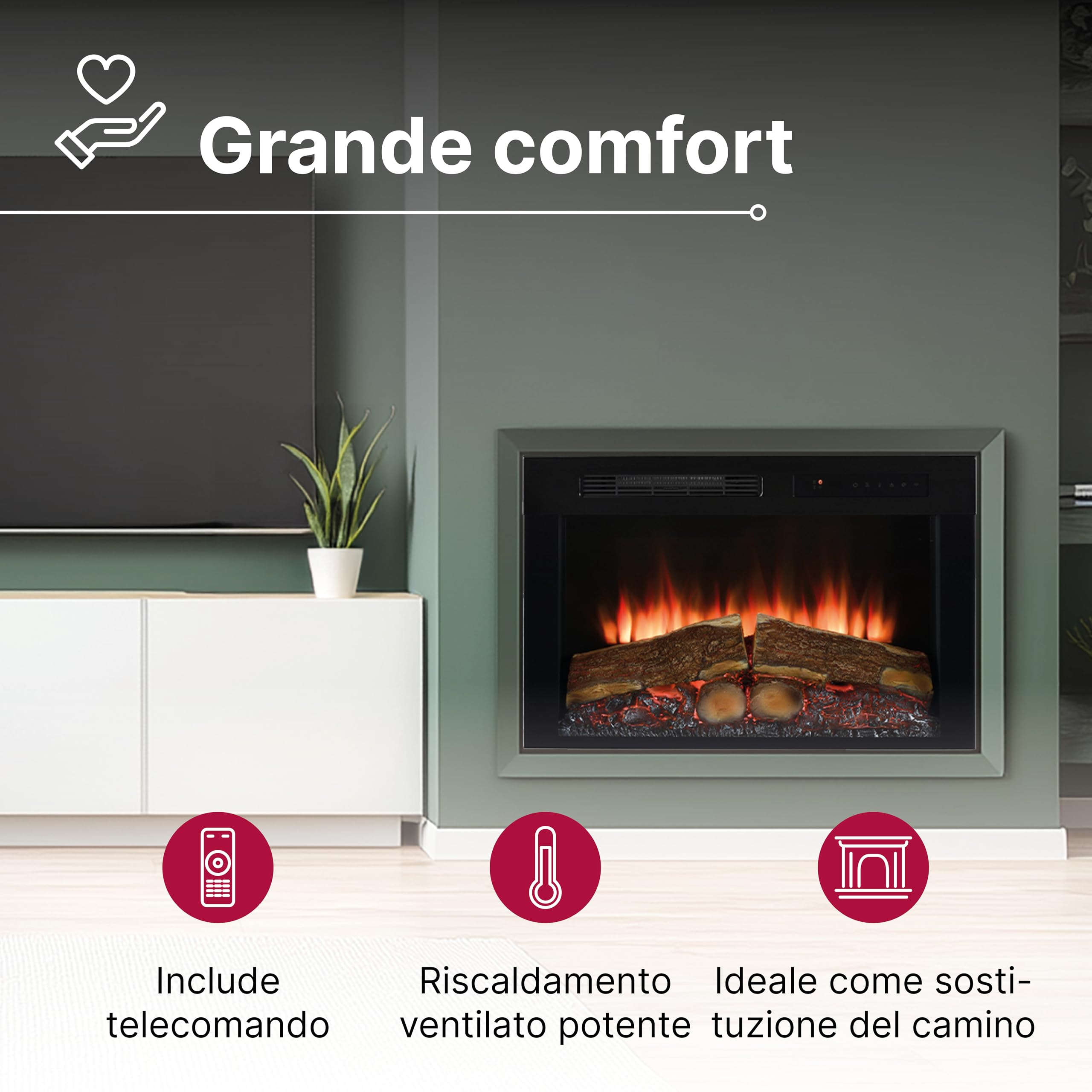 Dimplex Spark 26" Camino Elettrico da Incasso Camino Elettrico da Parete con Termoventilatore 2 kW Effetto Fiamma LED Optiflame, Velocità e Luminosità Regolabili Incluso Timer e Telecomando