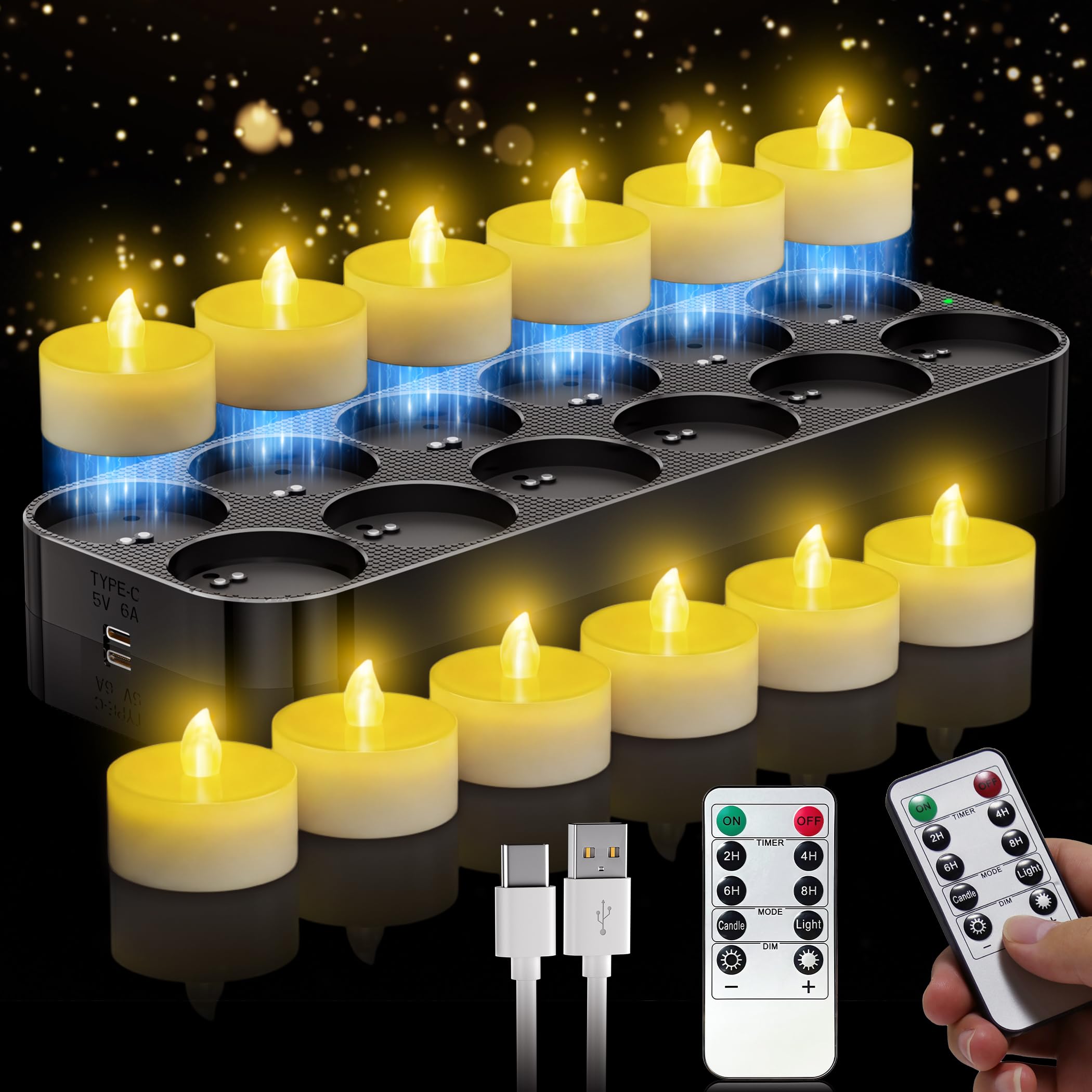 daphomeu 12 Stück Magnetische Wiederaufladbar LED Teelichter, Aufladbare Teelichter mit Ladestation & Timerfunktion und Fernbedienung, Flammenlose Kerzen für Weihnachten Halloween (Kaltes Licht)