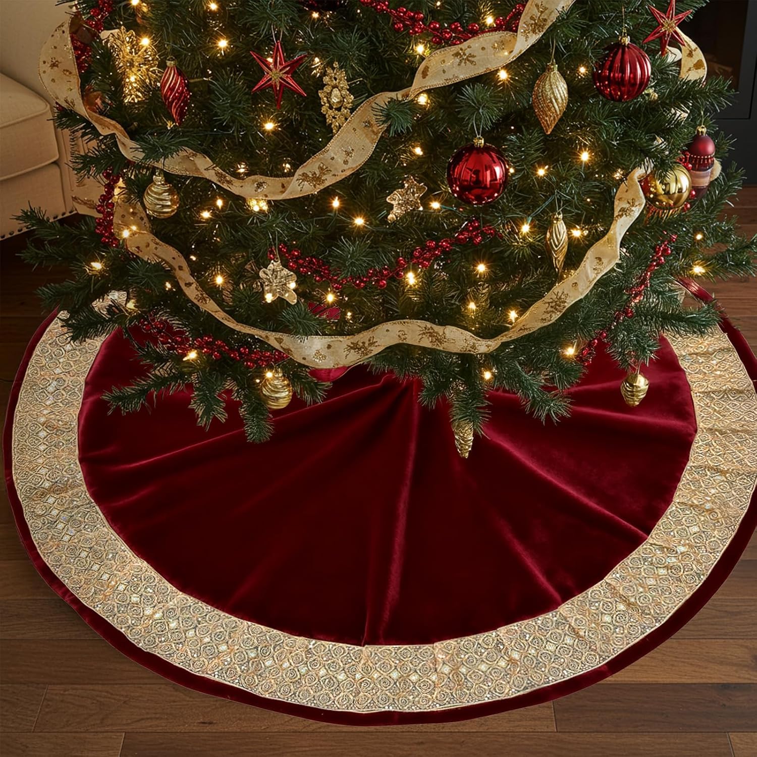 Christmas Tree Skirt 48 inches, Luxury Red Velvet Tree Skirt with Gold Glitter Trim, Premium Thick Xmas Tree Skirts Vintage Christmas Tree Decorations for Home Party Holiday Decor