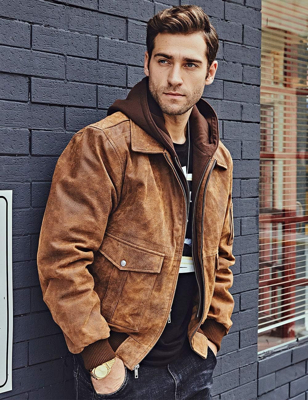 FLAVOR Men's Leather Flight Bomber Jacket Air Force Aviator - Image 2