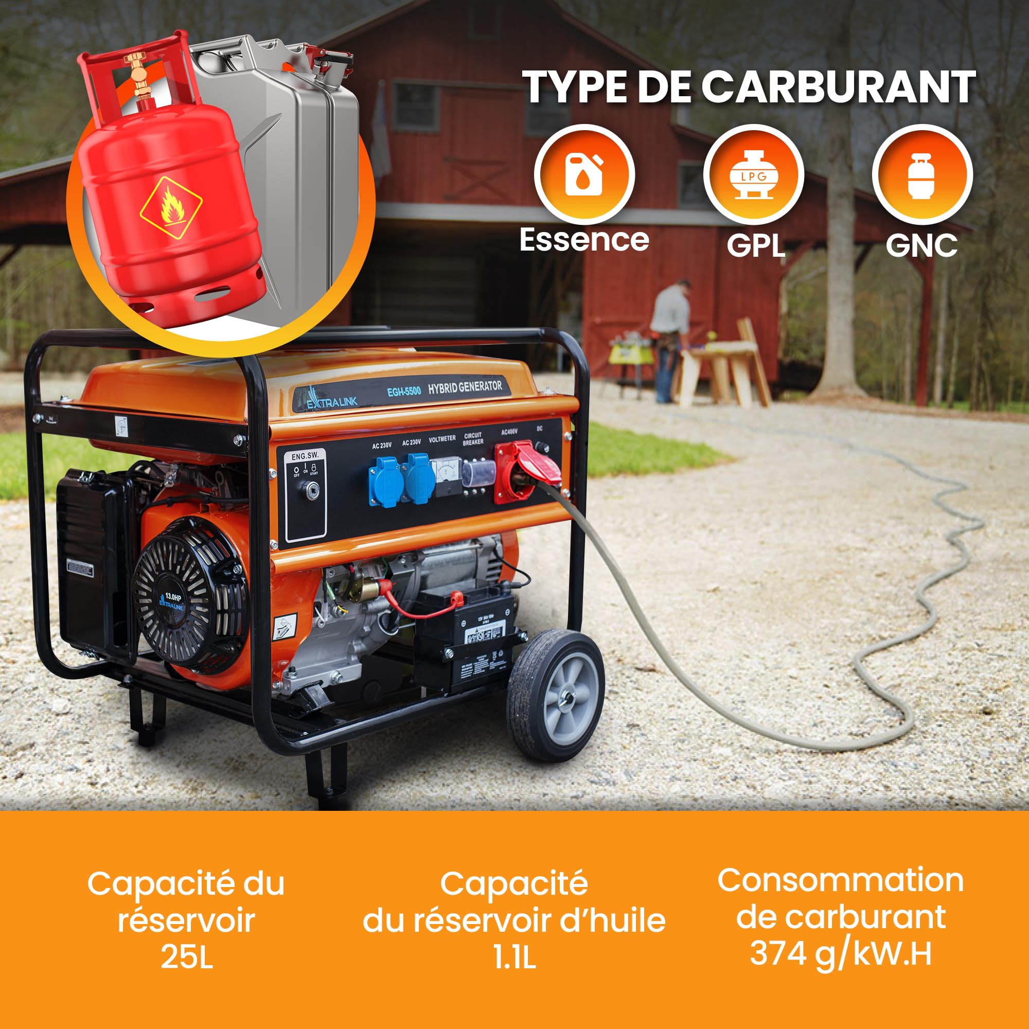 Extralink Groupe électrogène 5500W Essence/GPL | Moteur 188F-M, onde sinusoïdale pure, 2×230V & 1×400V, démarrage électrique | mobile et silencieux pour maison et chantier