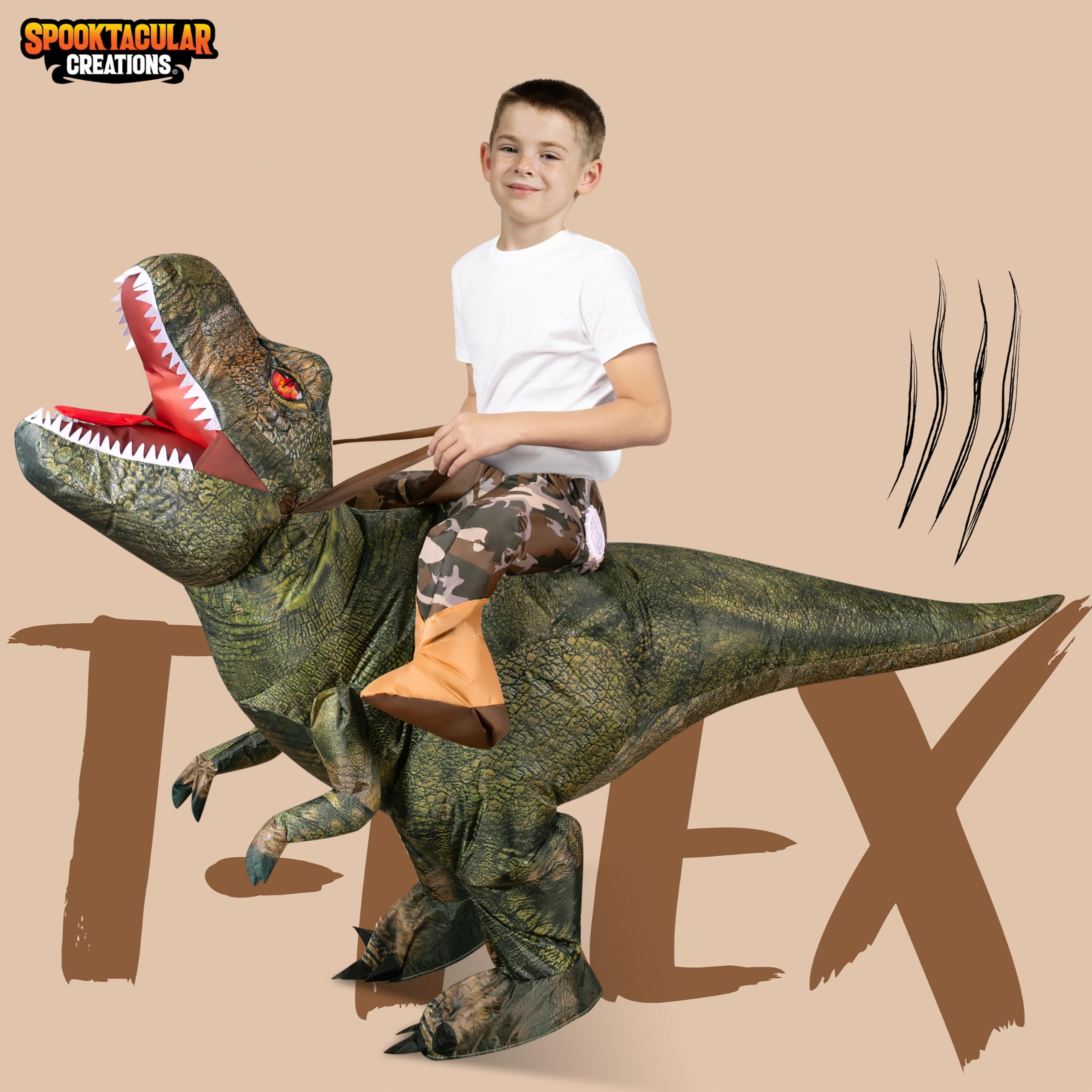Spooktacular Creations T-Rex Nadmuchiwany kostium dla dzieci, zabawny kostium dmuchany powietrzem, druk cyfrowy, kostiumy do jazdy