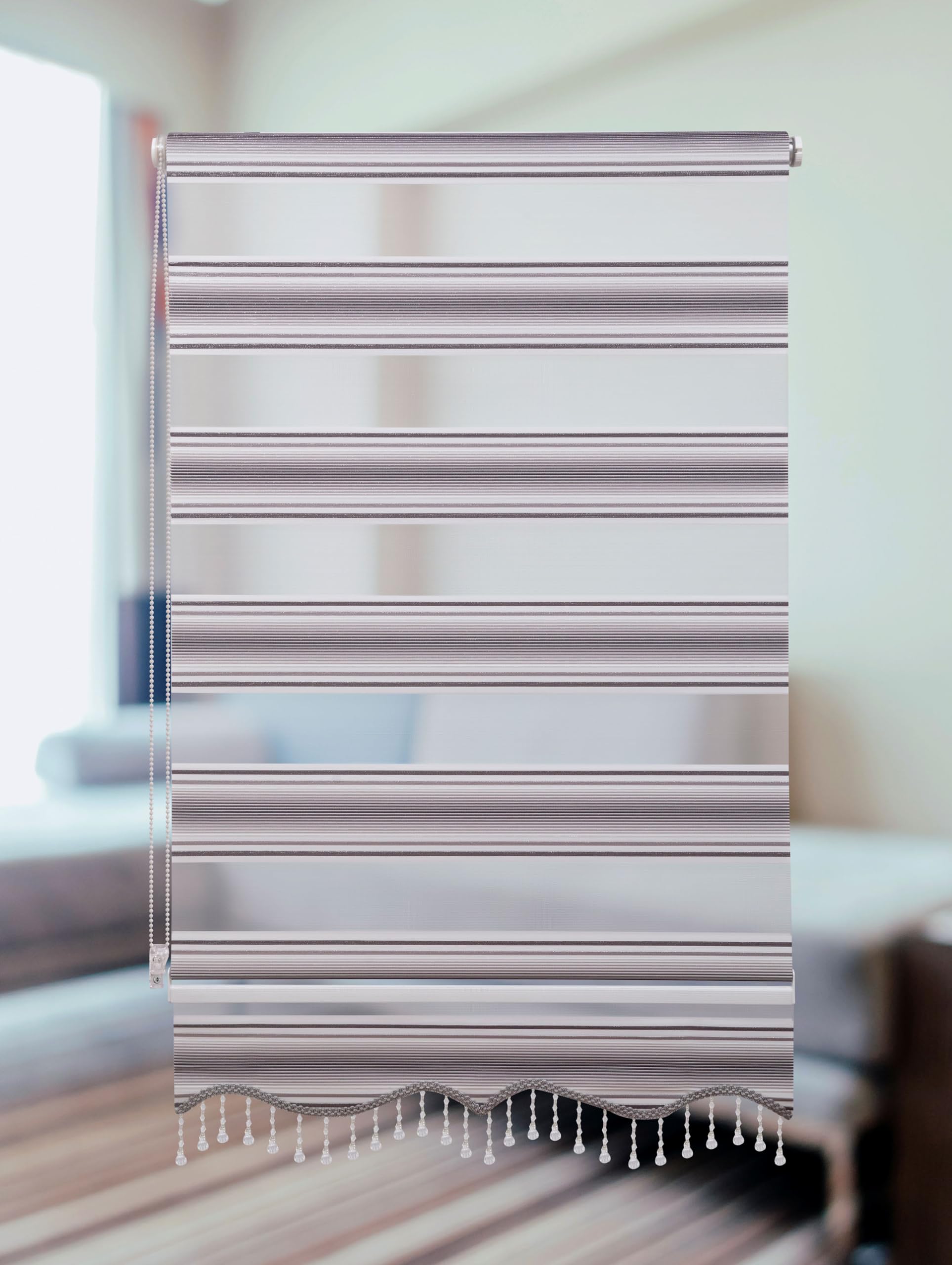 PlisseeOnline Doppelrollo Klemmfix ohne Bohren Grau Weiß Glitzer mit Perlen Duo Rollo für Fenster und Türen Plissee Rollo Gardine 80 x 150 cm Blickdicht Klemmrollo mit Perlen Seitenzugrollo