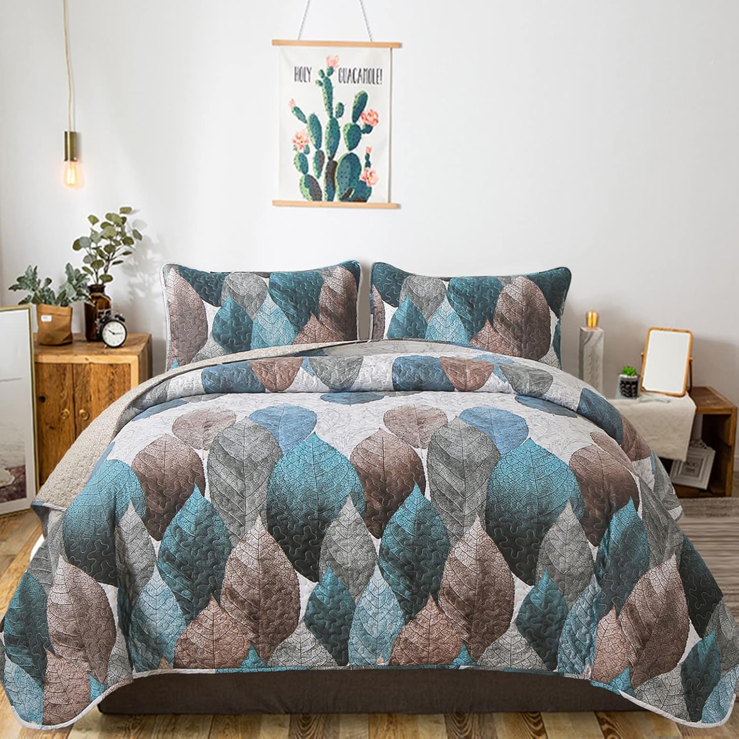 Luxudecor Botanical Quilt Set King Size 3 Pieces Blue