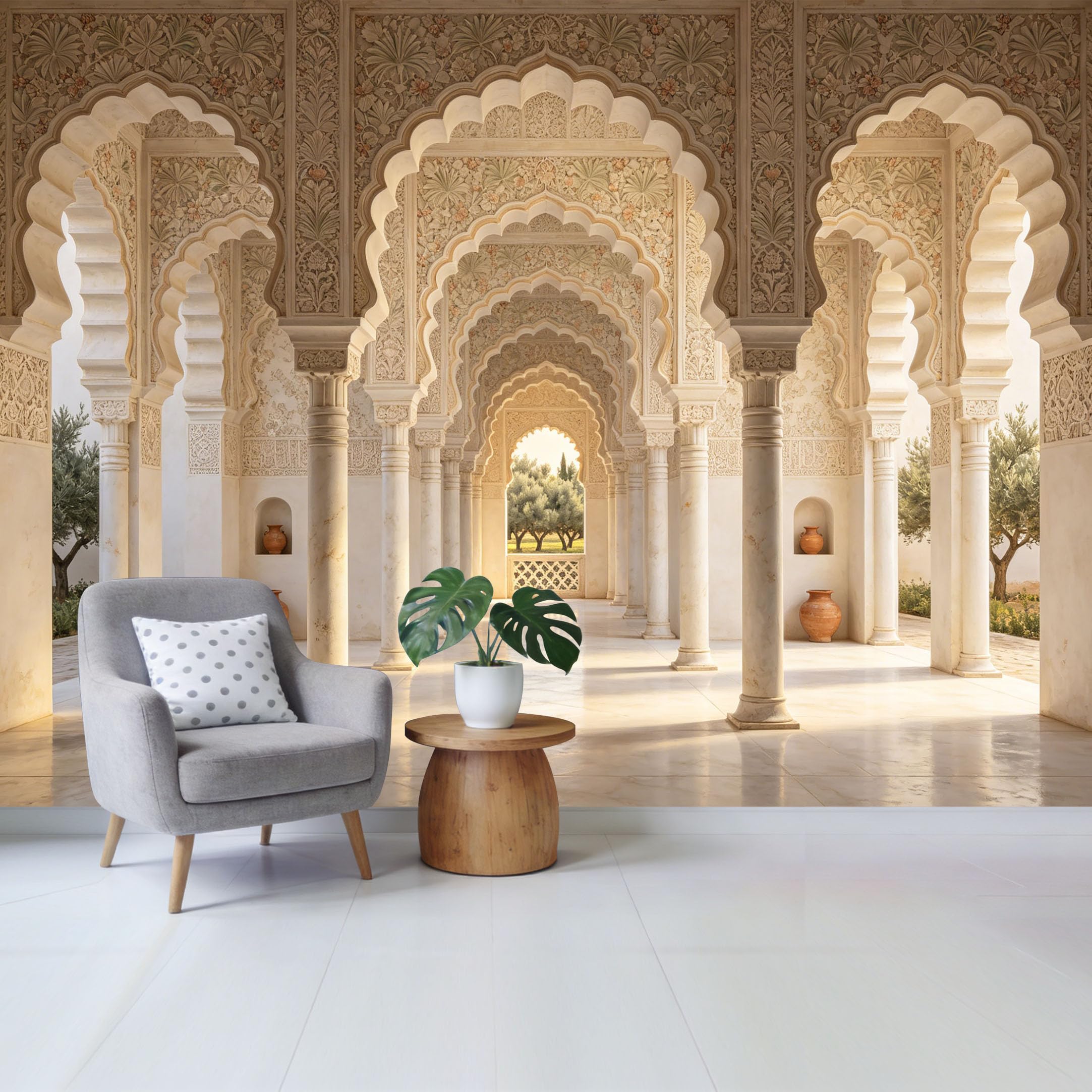 Removable Self Adhesive Fabric Mural， Moroccan Palace Architecture Custom Size Wall Covering， UV Protected Waterproof Washable Wall Decor for Living Room Bedroom Bathroom