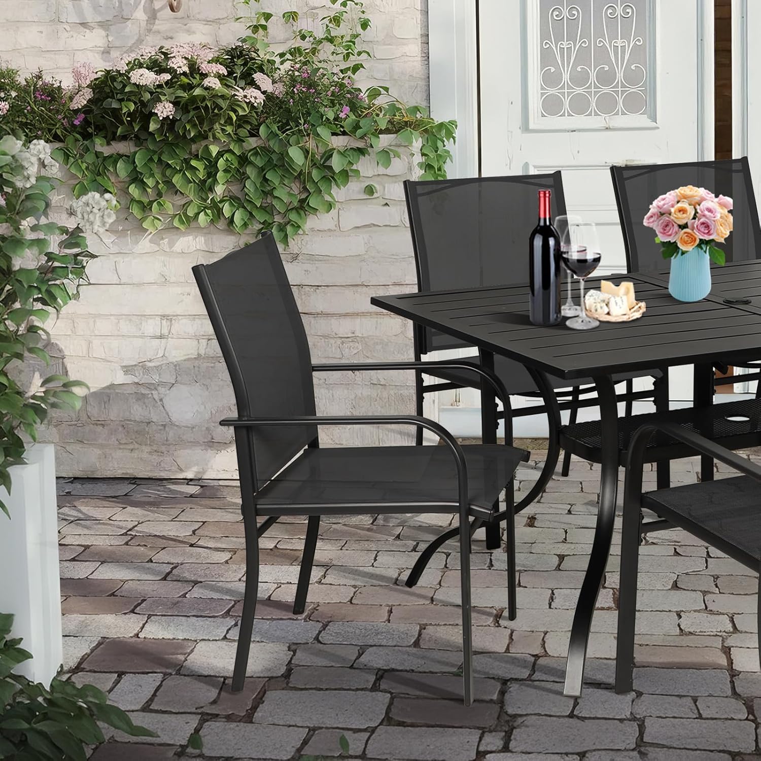 Crownland 7 Piece Patio Dining Set, Outdoor Textilene Dining Sets, 6 Textilene Metal Chairs and Rectangular Outdoor Dining Table with 1.57" Umbrella Hole,Black