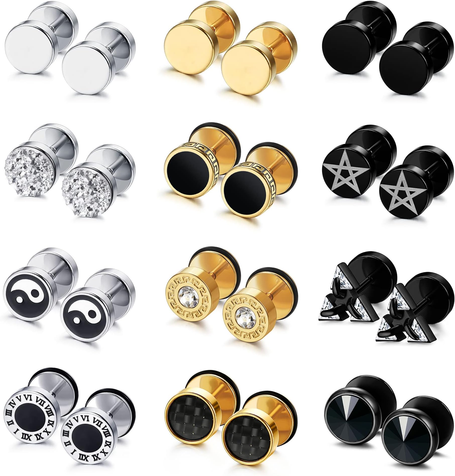 JOERICA 12 Pairs Faux Gauge Earrings for Men Women 316L Stainless Steel Stud Earrings Round Cheater Plug Earrings Faux Gauges Ear Tunnel