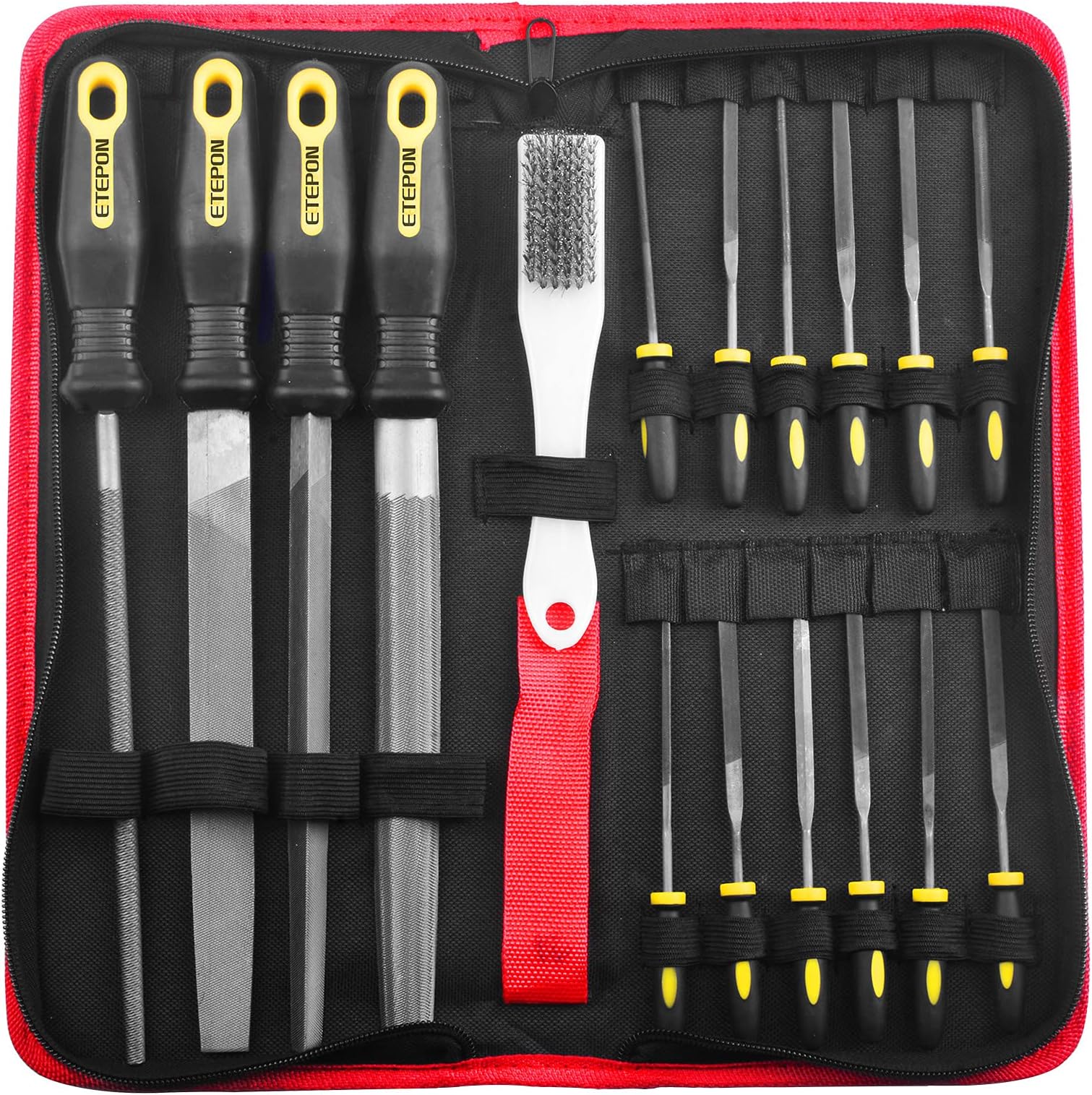 ETEPON 18pcs Metal File Set, 4 Flat,Half-Round,Round,Triangle Files, 12 Needle Files, Cleaning Brush & Carrying Case for Woodwork Metal Model Hobby Applications ET031