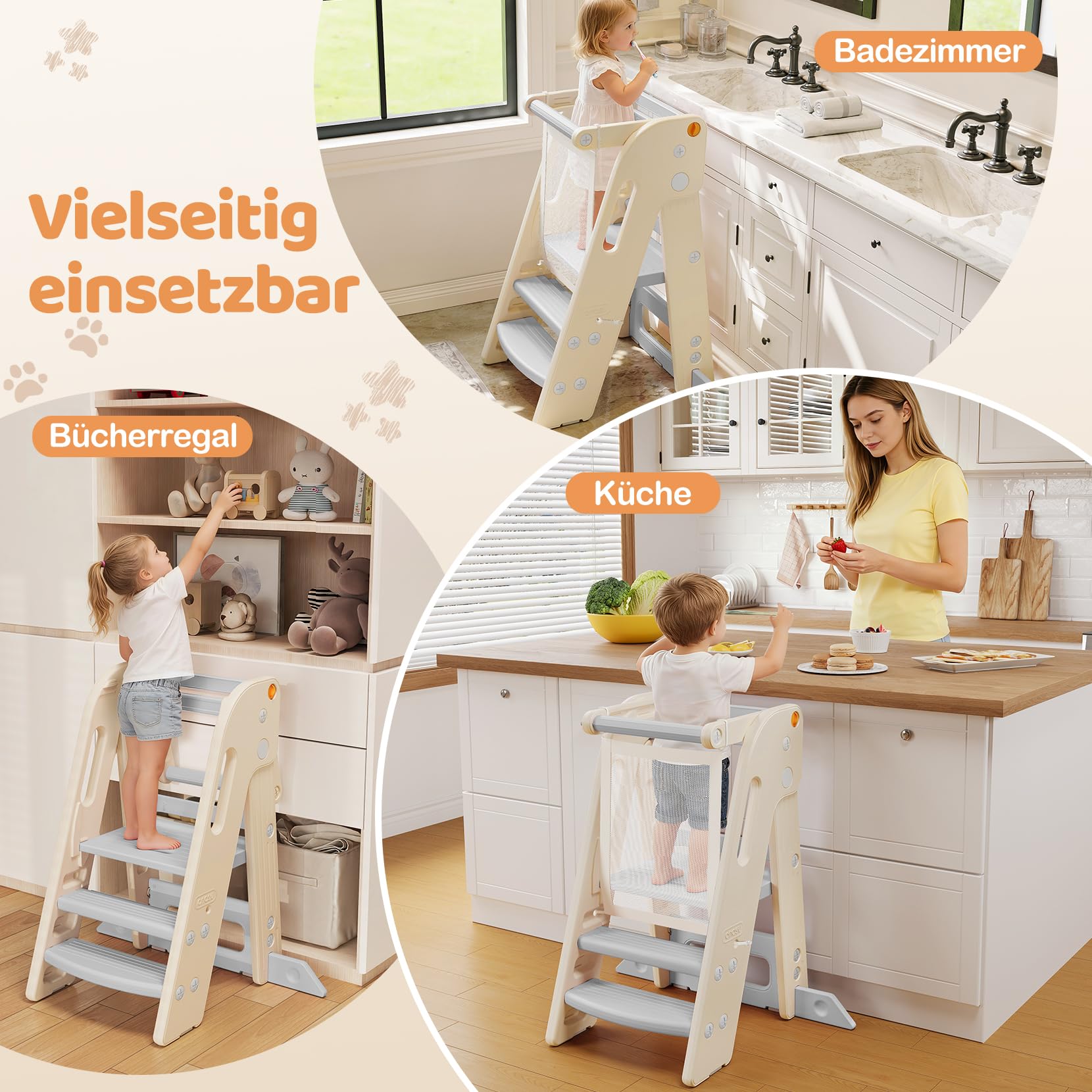 Lernturm für Kinder mit Sicherheitsgeländer, Lernturm Klappbar, Höhenverstellbar, Learning Tower mit Kippschutz & Anti-Rutsch-Trittfläche, für Küche, Badezimmer und Waschbecken (Creme-weiß)