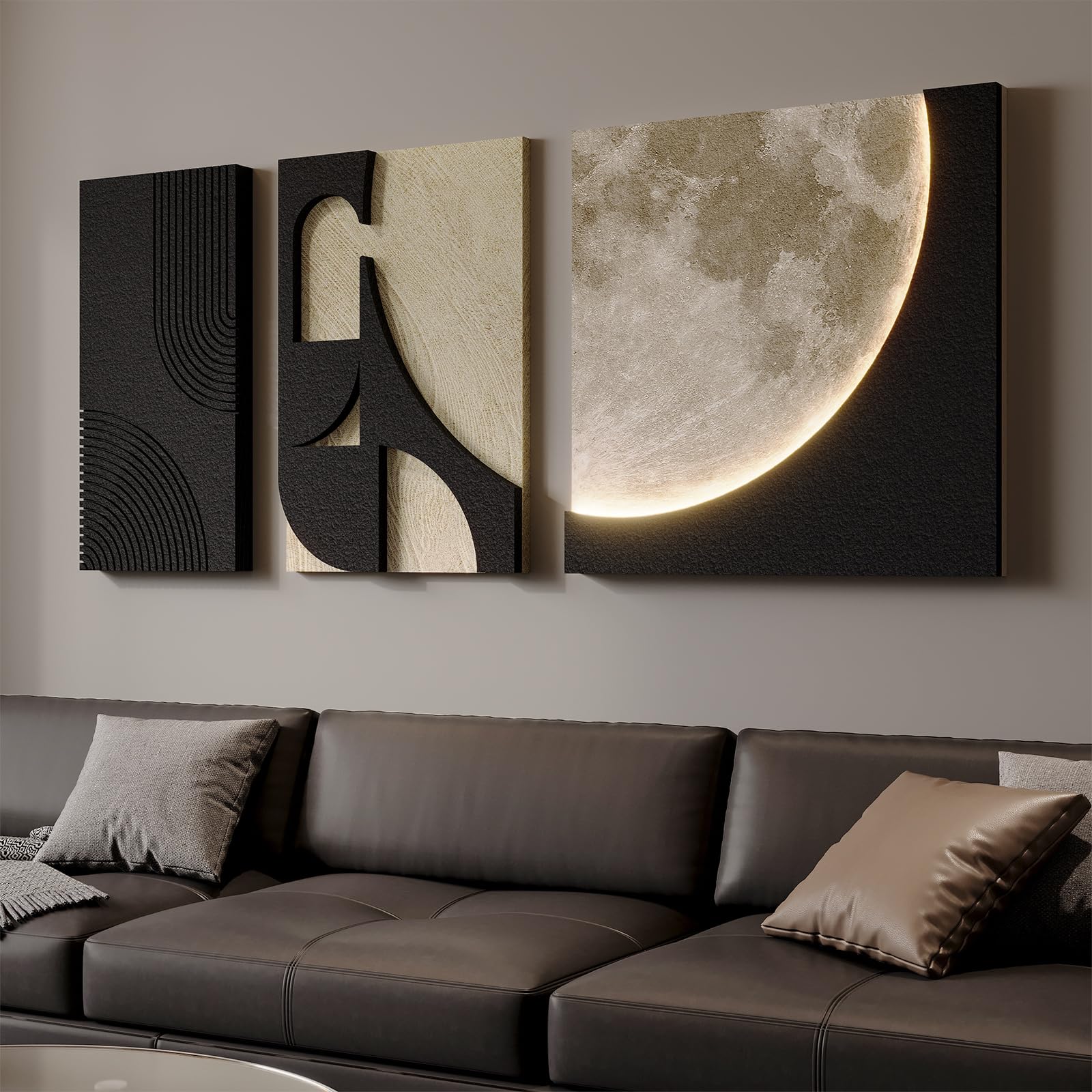Large 3D Textured Framed Abstract Wall Art for Living Room, 3 Piece Modern Paintings Artwork for Walls, Black White Brown Geometric Sandstone Texture Pictures for Hallway Office Home Decor 24x36 In — view 44