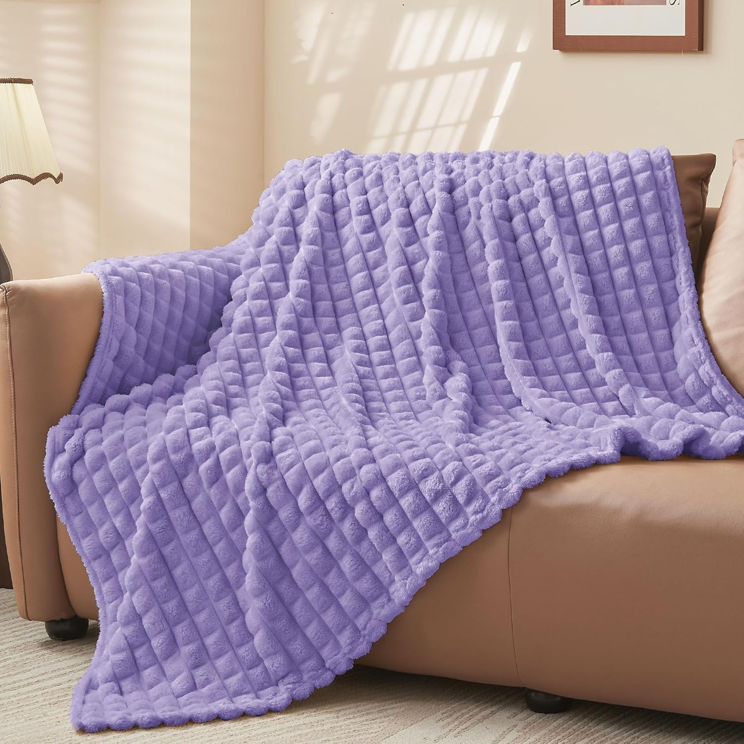 BEDELITE Lavender Throw Blanket Twin Size for Bed- Super Soft and Warm 3D Checkered Fluffy Fuzzy Fleece Blanket, Luxurious Plush Cozy Blanket for Room Decor Fall and Winter, 60x80 inches - Image 2