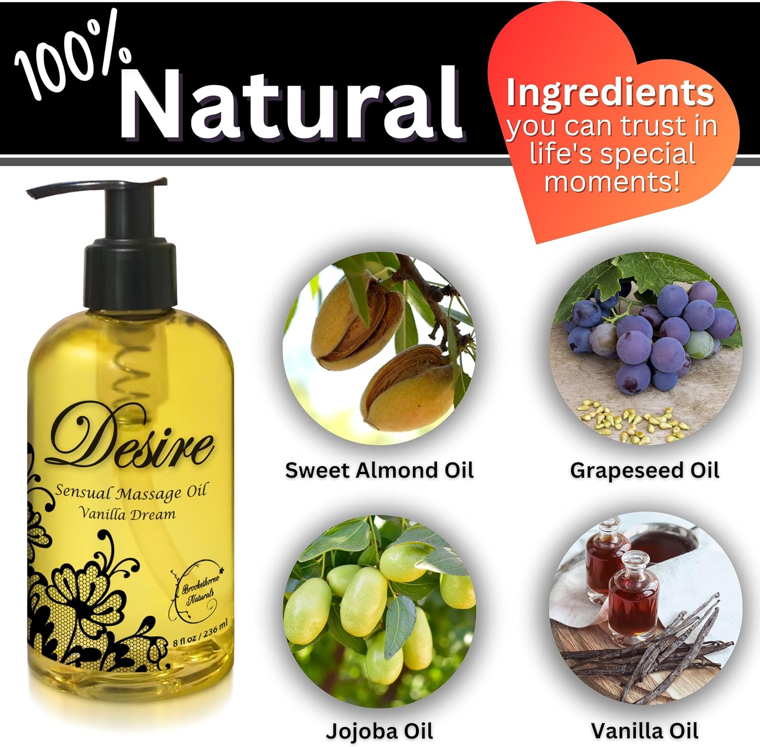 Desire Sensual Massage Oil for Date Night | Perfect for Couples | Hydrating Vanilla Body Oil | All Natural with Sweet Almond, Grapeseed & Jojoba for Smooth Glide 8oz