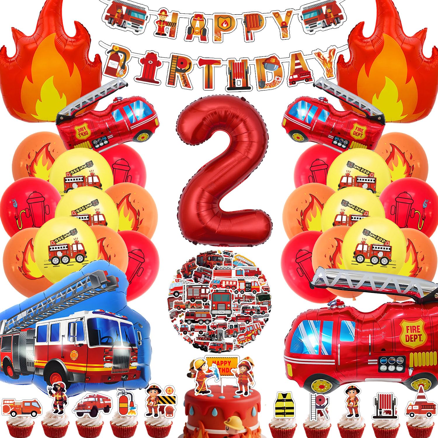 Feuerwehr Deko Kindergeburtstag 2 Jahre, Feuerwehrauto Folienballon Deko Junge, Feuerwehrmann Party Flamme Luftballon Tortendeko Banner und Aufkleber (Feuerwehr Geburtstagsdeko 2 Jahre)