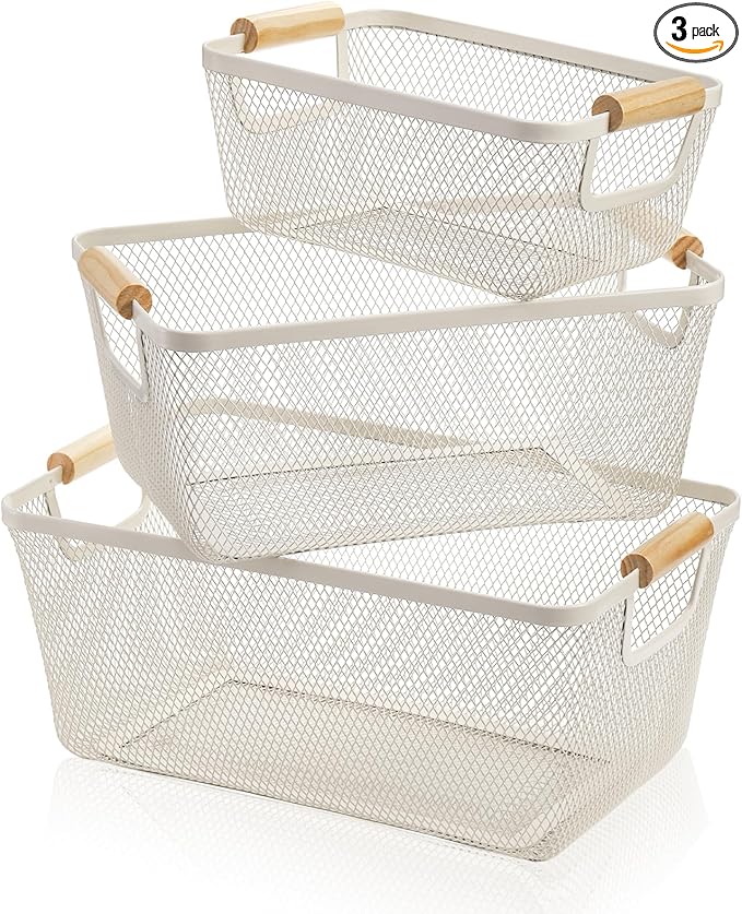 3 Pack Metal Mesh Baskets with Wood Handle, Iron Storage Organizer Basket, White Wire Countertop Baskets for Organizing, Cabinet Pantry Closet Bedroom Kitchen(3 Size)