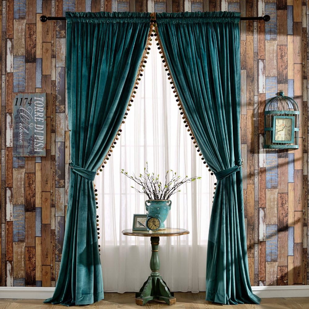 melodieux pom poms velvet blackout curtains for bedroom living room, vintage luxury thermal insulated rod pocket lined drapes, 52" w x 84" l, antique green (2 panels) 52"w x 84"l (pack of 2) antique green-lined